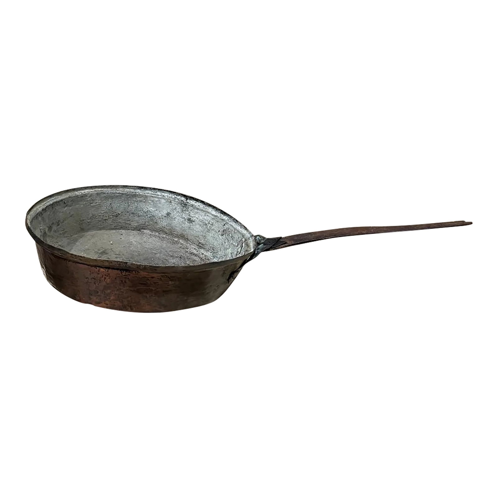 Antique Sauté Pan Copper and Brass Cookware Style Dh & M: For your consideration, antique sauté frying pan appears to be a 19th-century French piece made of red copper and brass with a hand-forged & hammered iron handle. It features riveted handle