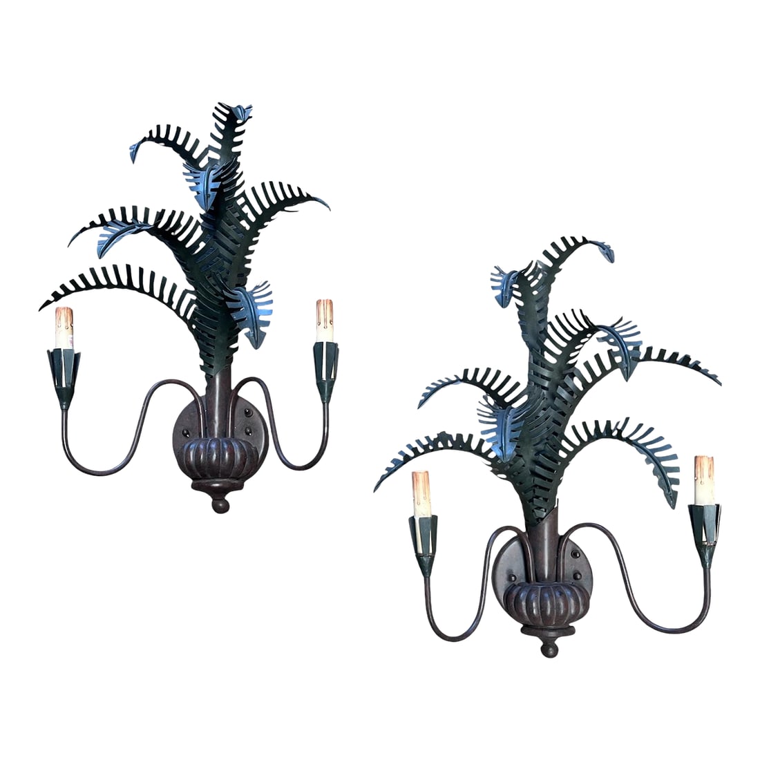 Pair of Late 20th Century Currey & Company Metal Wall Sconces: Pair of Currey & Company Metal Palm Frond Wall Scounces. Housing two lights each with metal arms. Original color / patina / dust/ minor scratches. Ready for hanging. Makers mark. Condition: