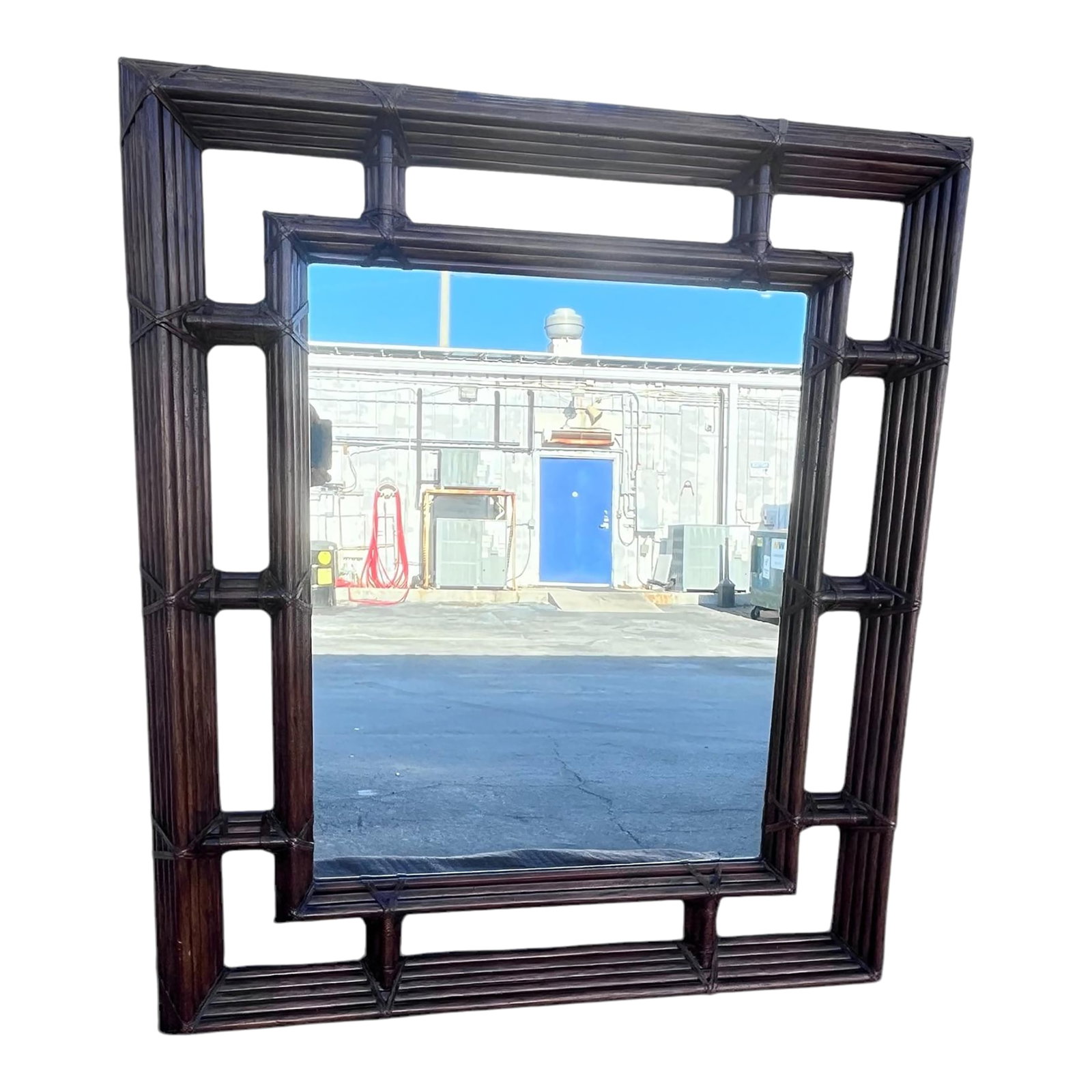 Large 1970s Bamboo Henredon Mirror in the Style of McGuire: Bamboo Rattan Framed Wall Mirror with Rawhide wrapping by Henredon in the style of McGuire. Condition: Alterations: Original Condition Unaltered Imperfections: Some Imperfections Condition Notes: Vint