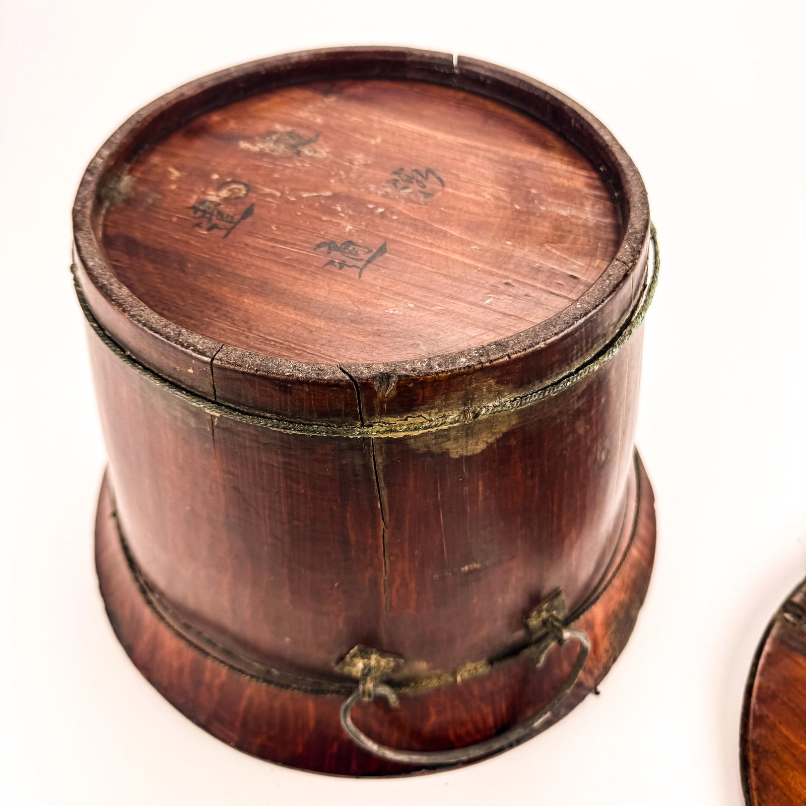 Antique Chinese Wood Covered Rice Bucket - 11
