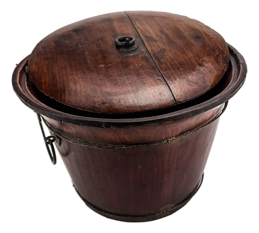 Antique Chinese Wood Covered Rice Bucket: Beautiful patina on this super cool wood, rare Chinese village-style rice bucket. It shows some age but is sturdy. The lid doesn't fit tightly, but it sits nicely on the top while on display. Great