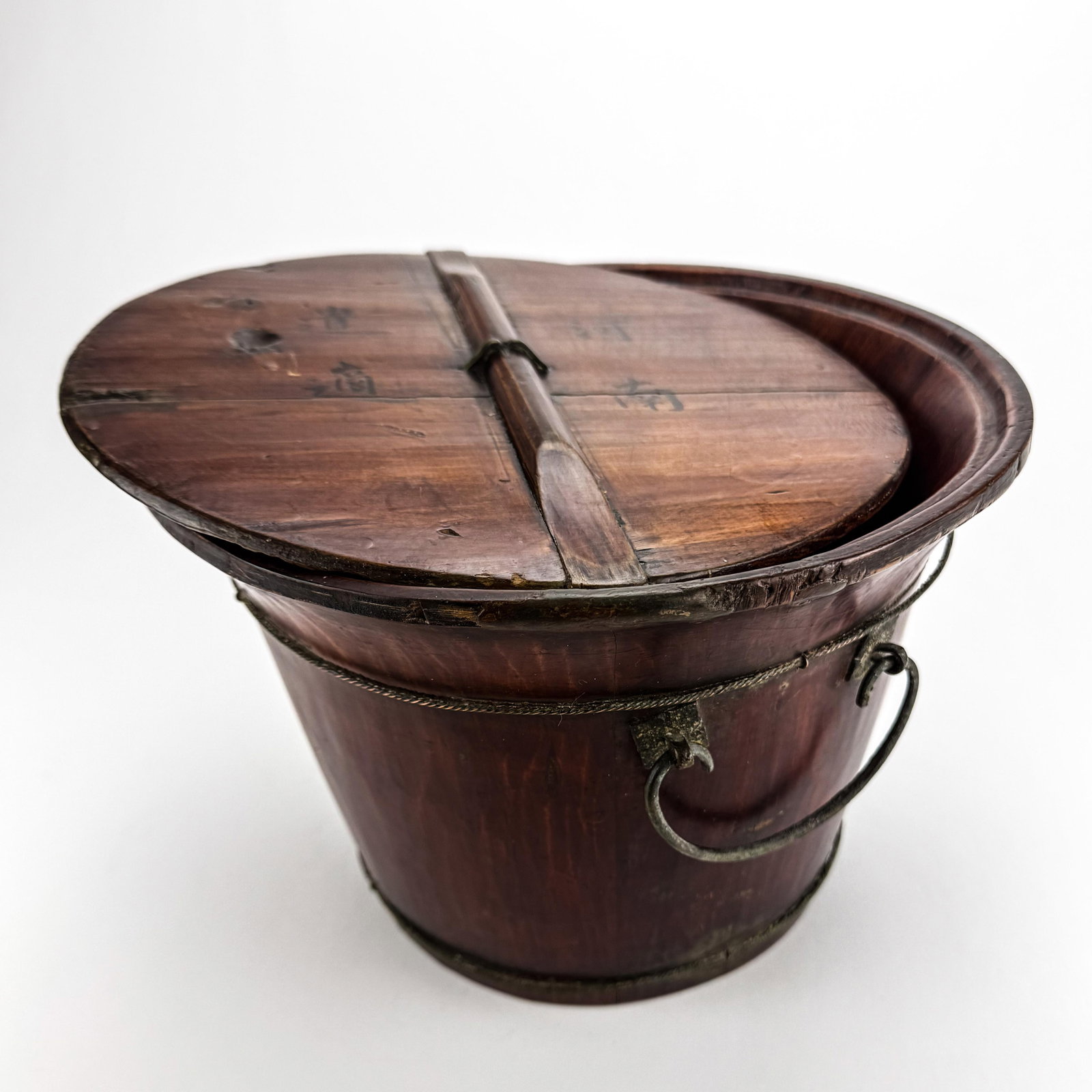 Antique Chinese Wood Covered Rice Bucket - 4