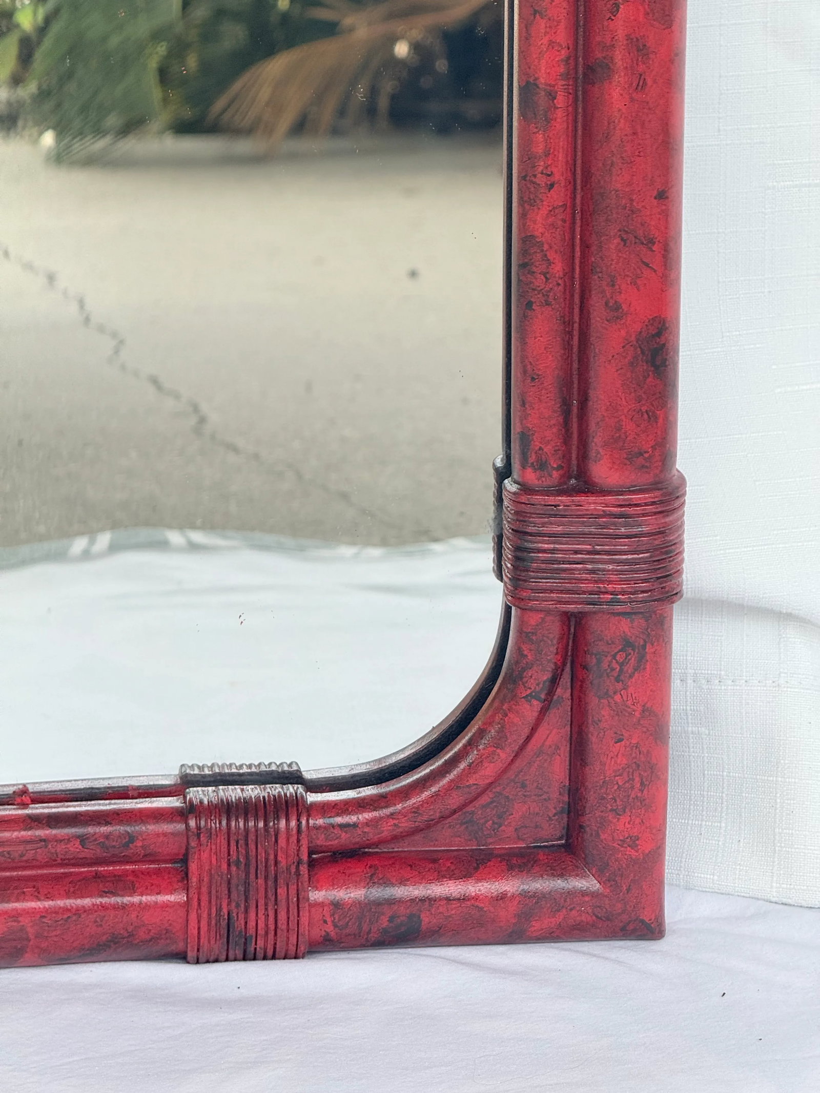 Vintage Palm Beach Regency Vermillion Red Faux Tortoiseshell Bamboo Rattan Arched Wall Mirror - Newl - 10