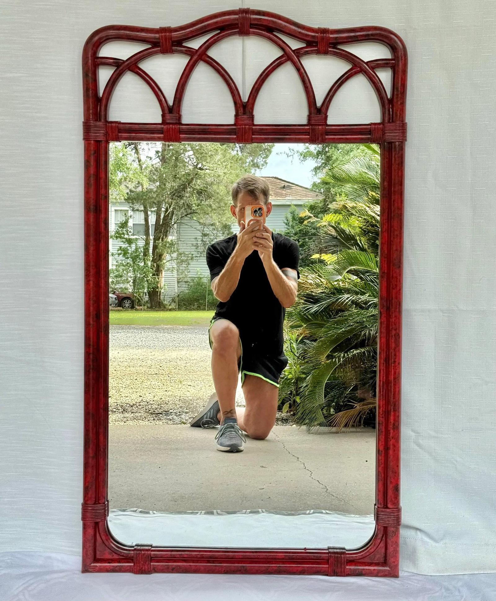 Vintage Palm Beach Regency Vermillion Red Faux Tortoiseshell Bamboo Rattan Arched Wall Mirror - Newl - 11