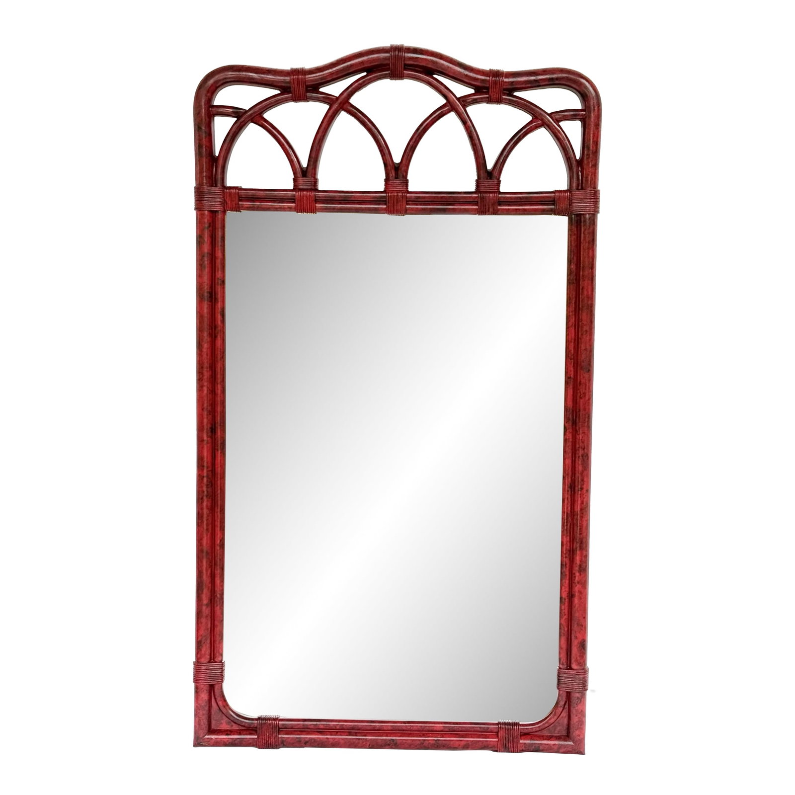 Vintage Palm Beach Regency Vermillion Red Faux Tortoiseshell Bamboo Rattan Arched Wall Mirror - Newl: This mirror features a striking vermillion red faux tortoiseshell finish that truly sets it apart. The faux bamboo rattan design adds a delightful tropical touch. This elegantly arched wall mirror has