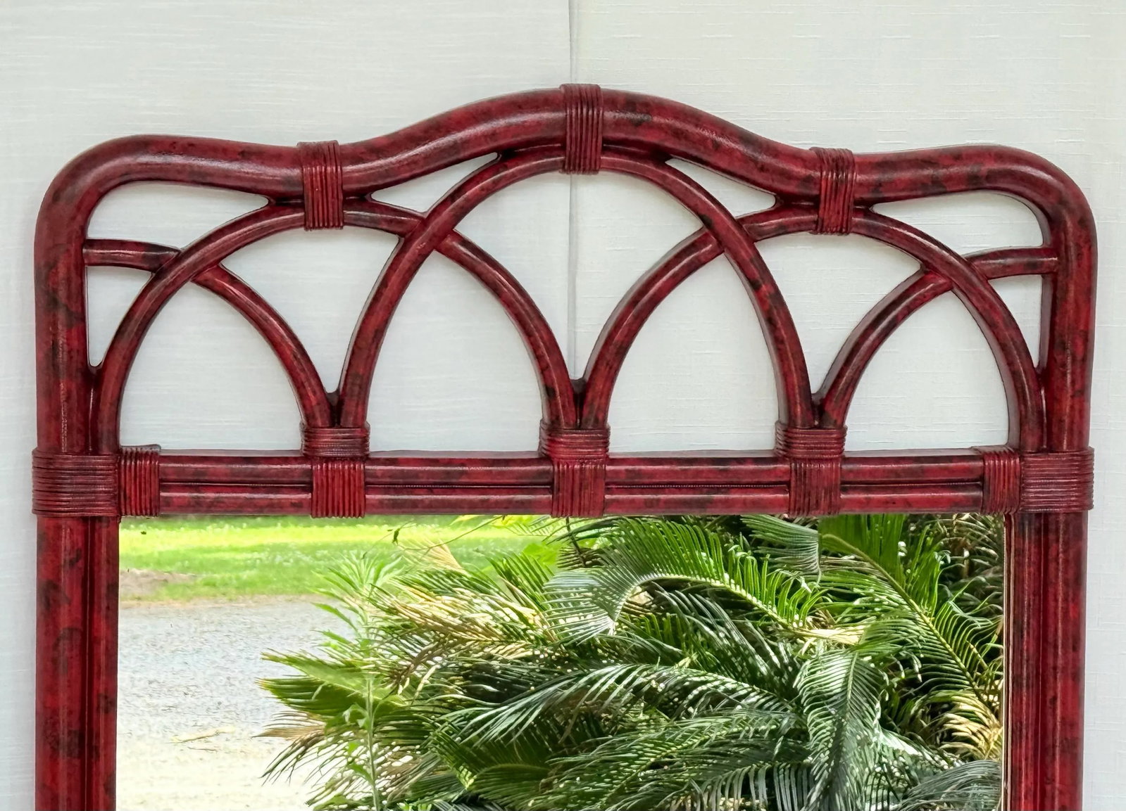 Vintage Palm Beach Regency Vermillion Red Faux Tortoiseshell Bamboo Rattan Arched Wall Mirror - Newl - 2