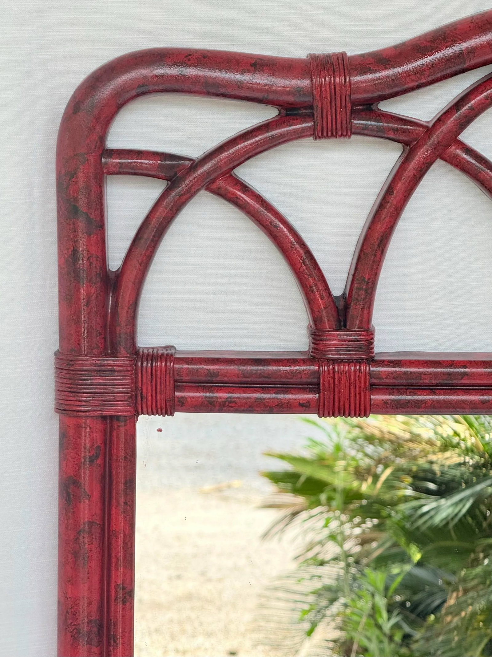 Vintage Palm Beach Regency Vermillion Red Faux Tortoiseshell Bamboo Rattan Arched Wall Mirror - Newl - 3