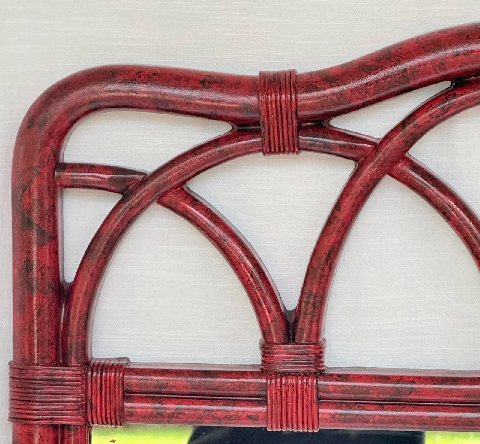 Vintage Palm Beach Regency Vermillion Red Faux Tortoiseshell Bamboo Rattan Arched Wall Mirror - Newl - 4