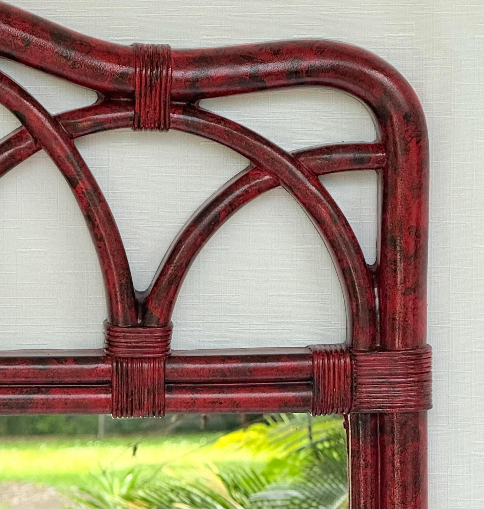 Vintage Palm Beach Regency Vermillion Red Faux Tortoiseshell Bamboo Rattan Arched Wall Mirror - Newl - 5
