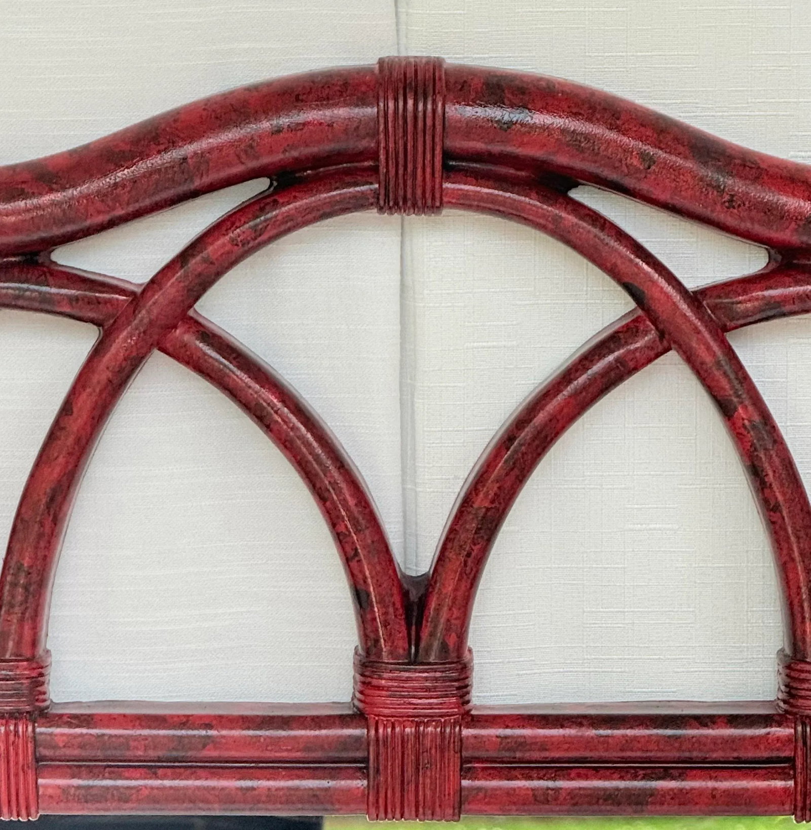 Vintage Palm Beach Regency Vermillion Red Faux Tortoiseshell Bamboo Rattan Arched Wall Mirror - Newl - 7