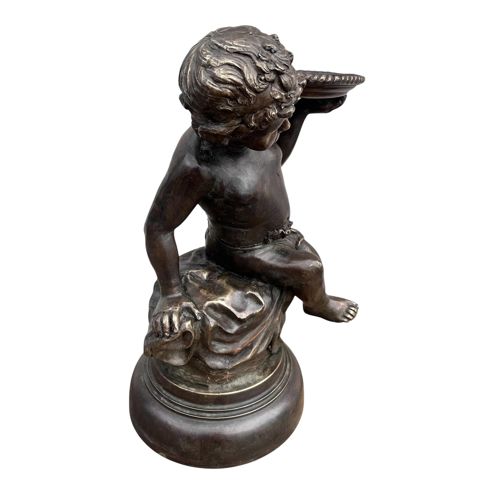 1980s Bronze Maitland Smith Cherub Sculpture: Charming bronze, Maitland Smith cherub sculpture, young boy holding a plate wavy hair very detailed portrayal of young mischievous gods - cherubs of the neoclassical period. Makers mark under the