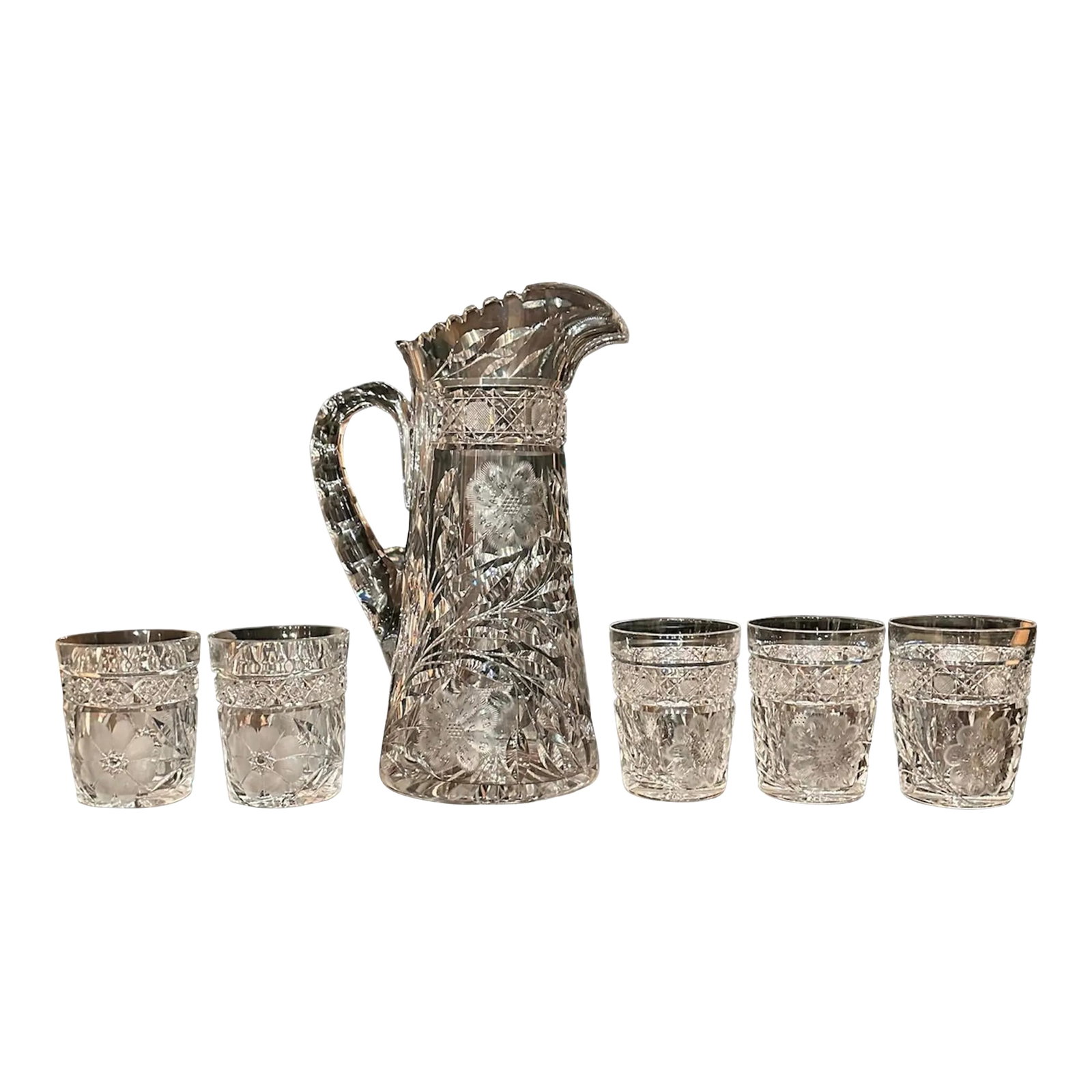 Antique Hand Cut Crystal Pitcher Tumbler Glass Set American Brilliant Period by Meriden- 6 Pieces (1 of 9)