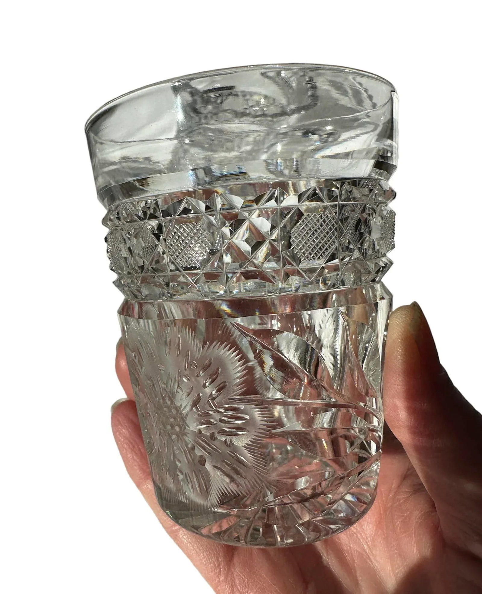 Antique Hand Cut Crystal Pitcher Tumbler Glass Set American Brilliant Period by Meriden- 6 Pieces - 5