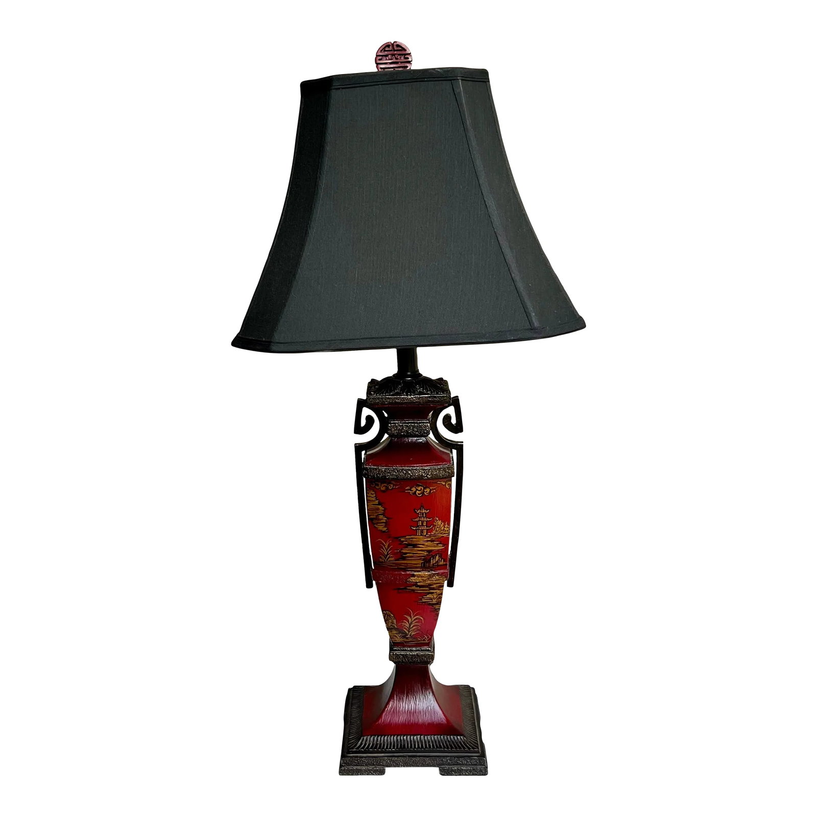 Vintage Chinoiserie Red Hand Painted Table Lamp: I am delighted to introduce to you this vintage Chinoiserie oxblood Handled Urn Lamp with Hand Painted Pagodas and a landscape painted in gold. This lamp is a true treasure for those who appreciate