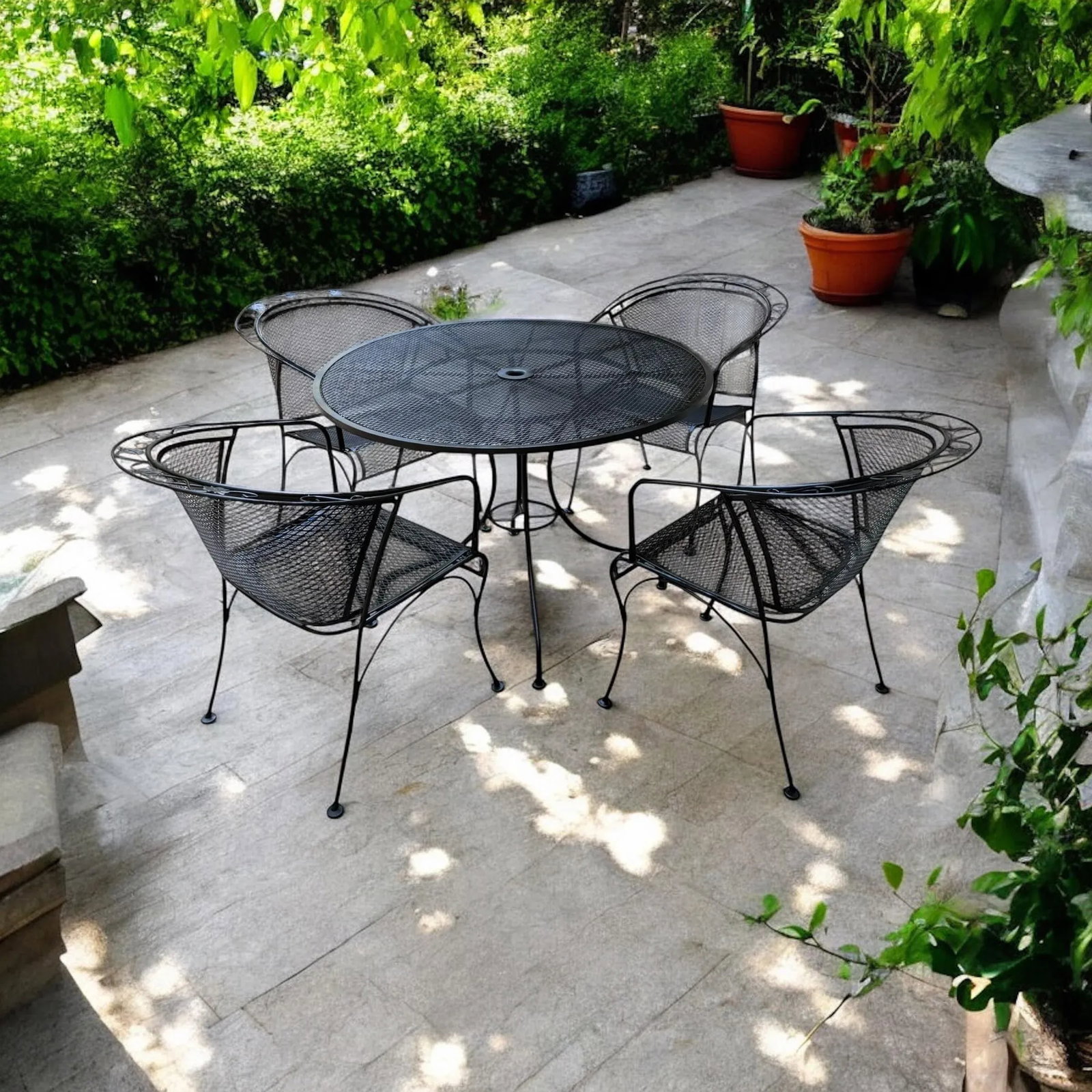 Wrought Iron Russell Woodard Restored Indoor/Outdoor Patio Table With 4 Barrel Chairs - 9
