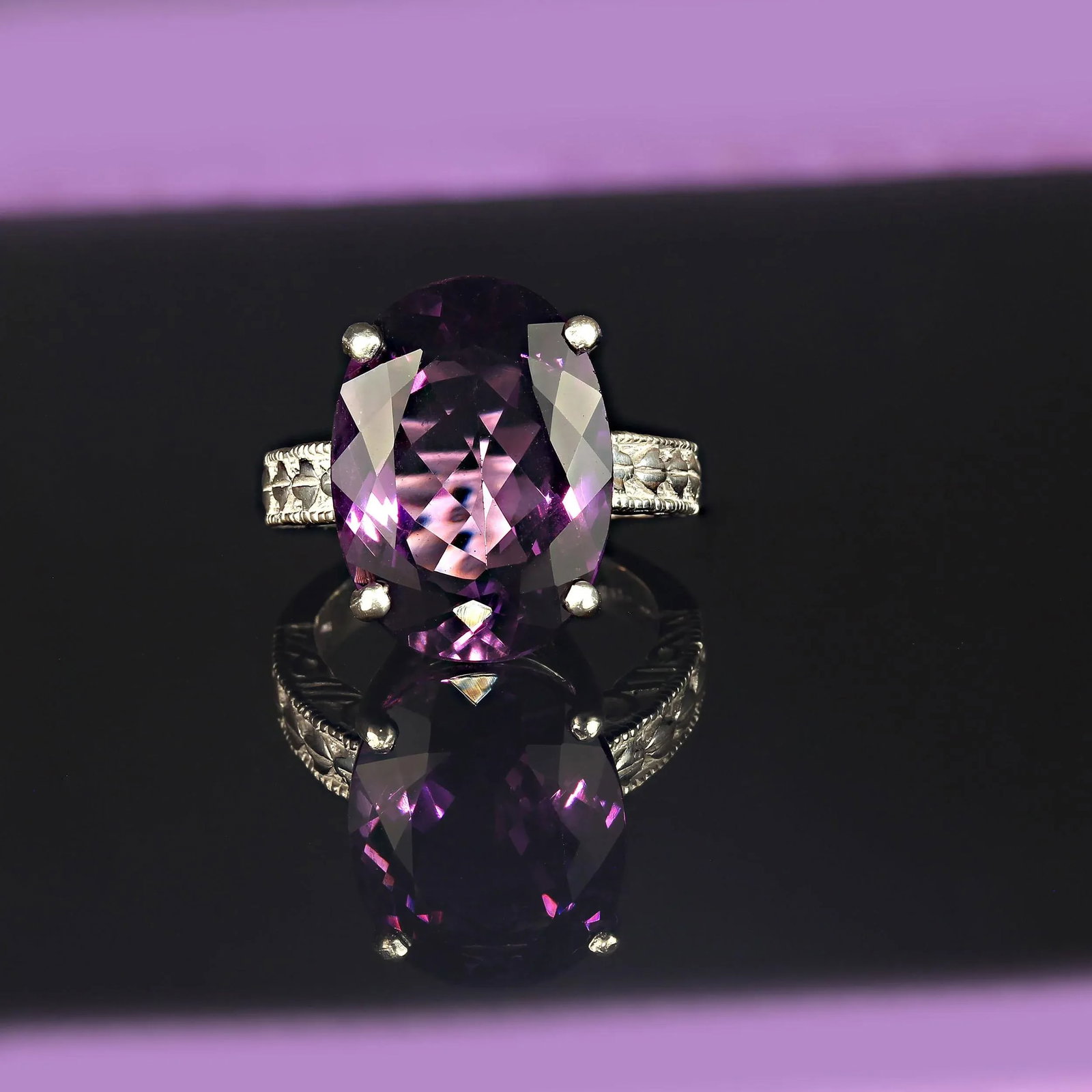 Ajd Dazzling Oval Amethyst in Sterling Silver Engraved Ring February Birthstone, Size 7 - 4