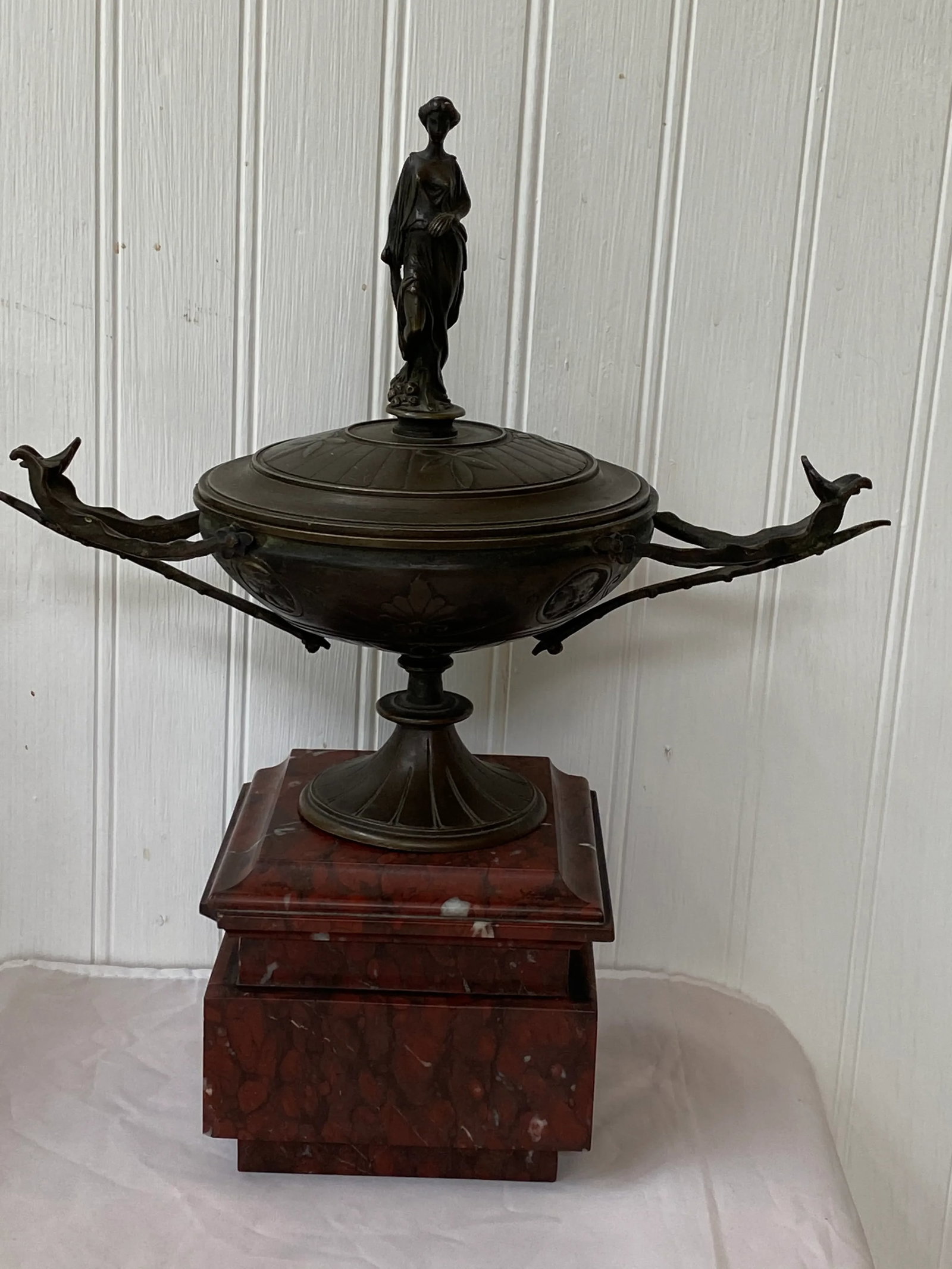 19th Century French Napoleon III Period Bronze Lidded Urns on Marble Bases - a Pair - 3