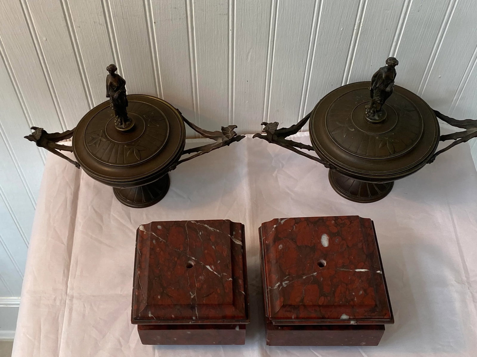 19th Century French Napoleon III Period Bronze Lidded Urns on Marble Bases - a Pair - 8