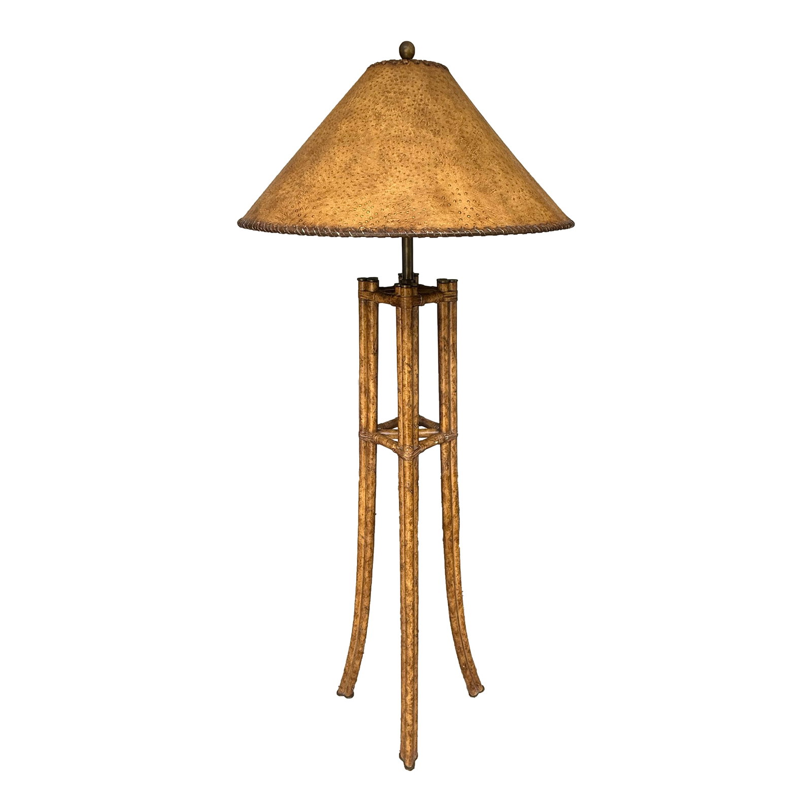Vintage Maitland-Smith Faux Bamboo and Brass Floor Lamp With Faux Tortoiseshell Lined Leather Shade: Illuminate your space with this elegant vintage floor lamp from Maitland-Smith, expertly crafted in the late 20th century. This stunning piece features a unique faux bamboo design complemented by luxu