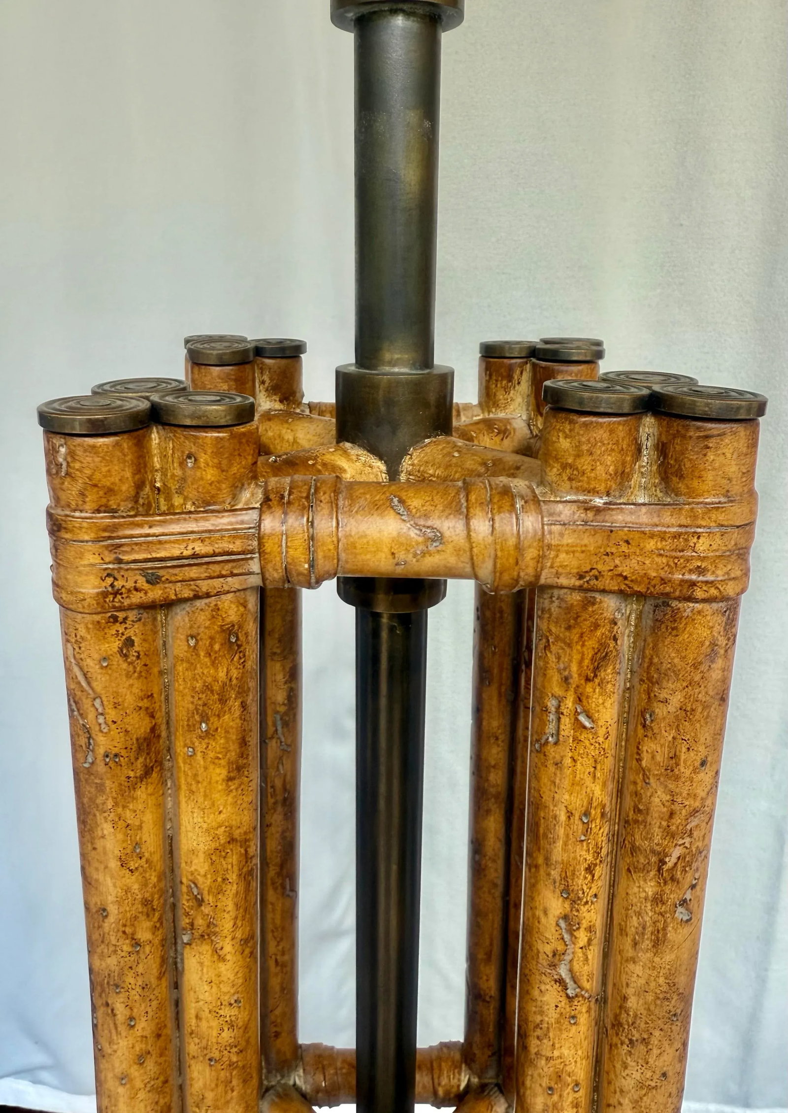 Vintage Maitland-Smith Faux Bamboo and Brass Floor Lamp With Faux Tortoiseshell Lined Leather Shade - 6