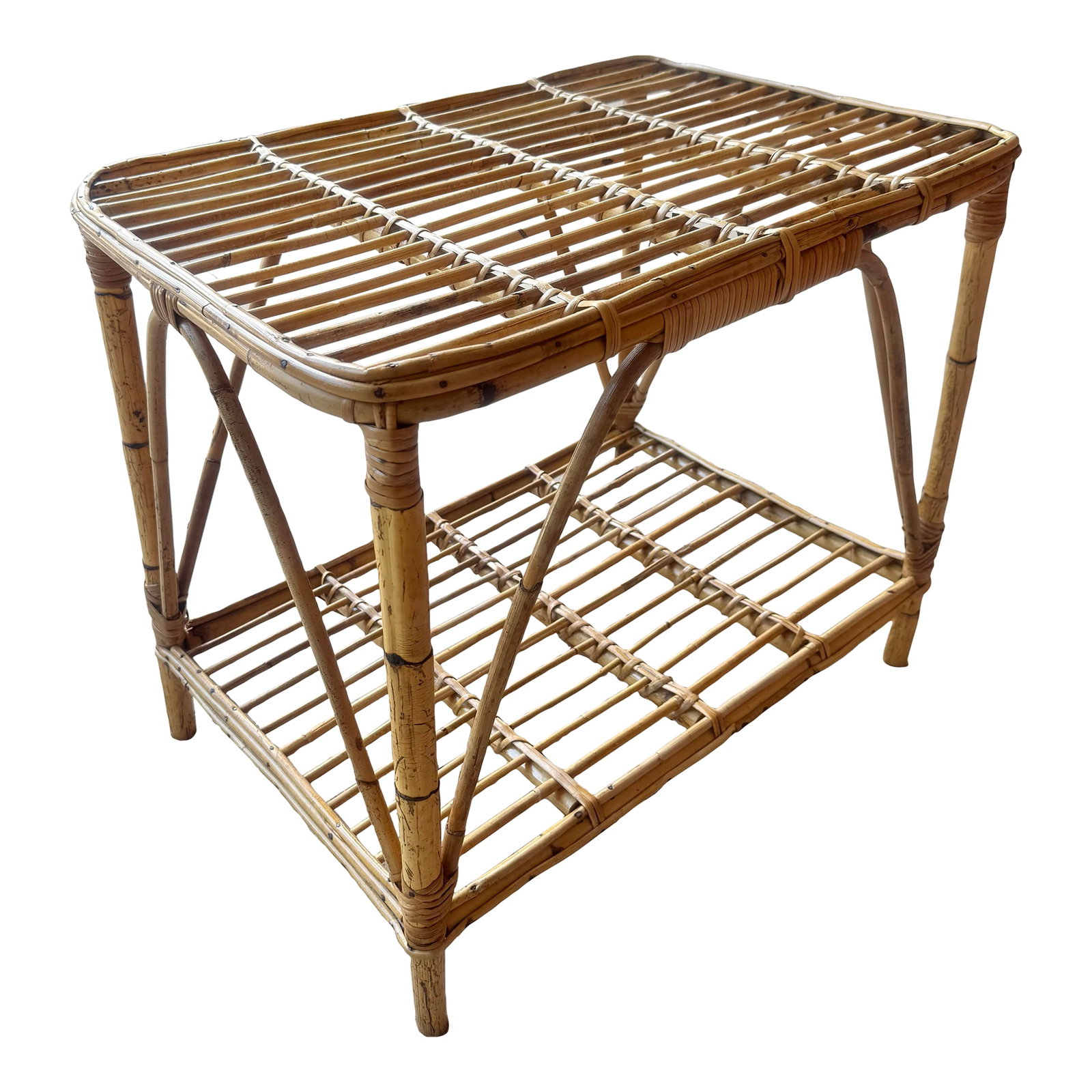 Vintage Italian Riviera Tito Angoli Style Bamboo and Rattan Coffee / Side Table: Transform your living space with this exquisite vintage mid-century Italian bamboo and rattan coffee table, a stunning piece likely inspired by the iconic style of Tito Agnoli. Perfectly embodying the