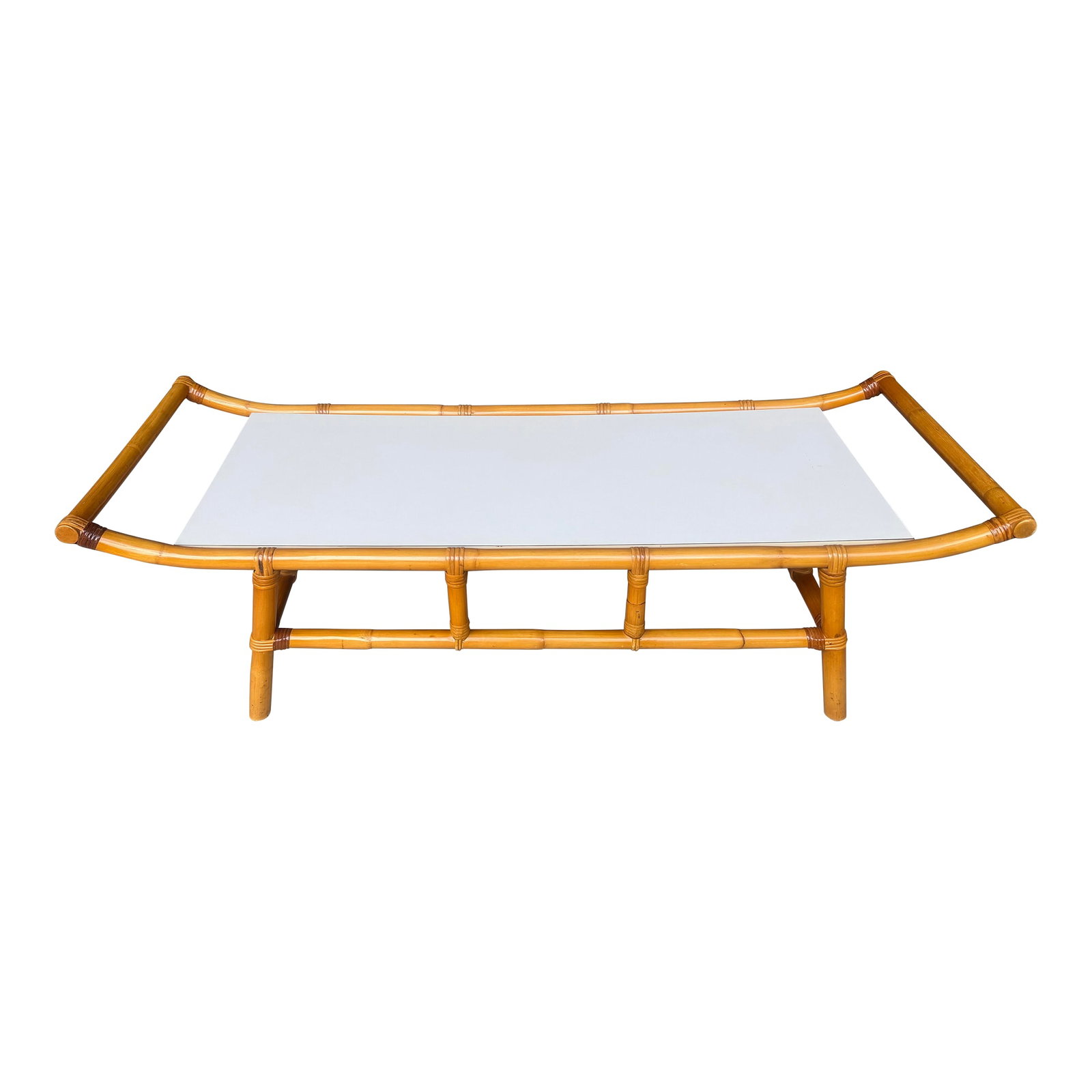 1960s Rattan and Bamboo Pagoda Low Coffee Table by Turtle and Crane - John Wisner for Ficks Reed Sty: See the matching end tables in our other listing! This bespoke Turtle and Crane statement piece is a masterclass in mid-century Chinoiserie glamour, capturing the exact, breezy sophistication of the i