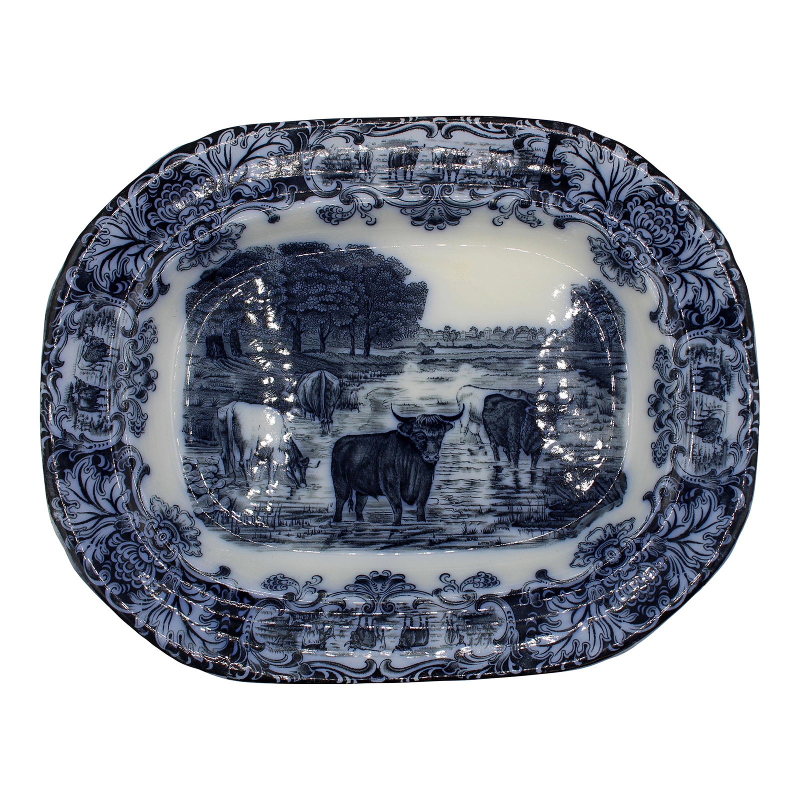 1891-1911 English Wedgwood Cows Flow Blue Pattern Platter (1 of 6)