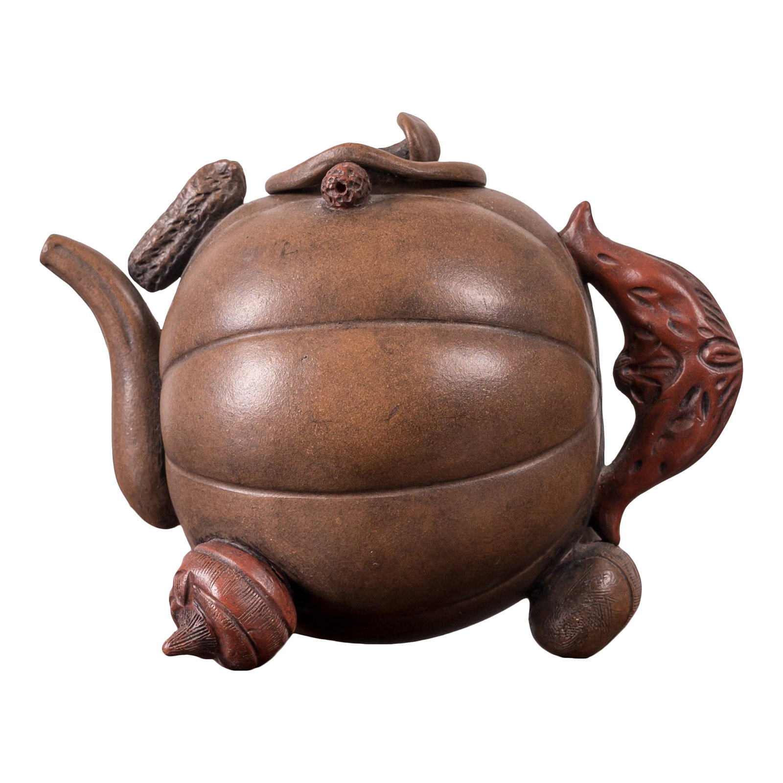 Yixing 'Hundred-Fruit' Teapot: A Yixing Zisha "˜Hundred-Fruit' pumpkin teapot. 6 inches wide by 4 inches deep by 4 inches tall Condition: Alterations: Original Condition Unaltered Imperfections: Some Imperfections Condition