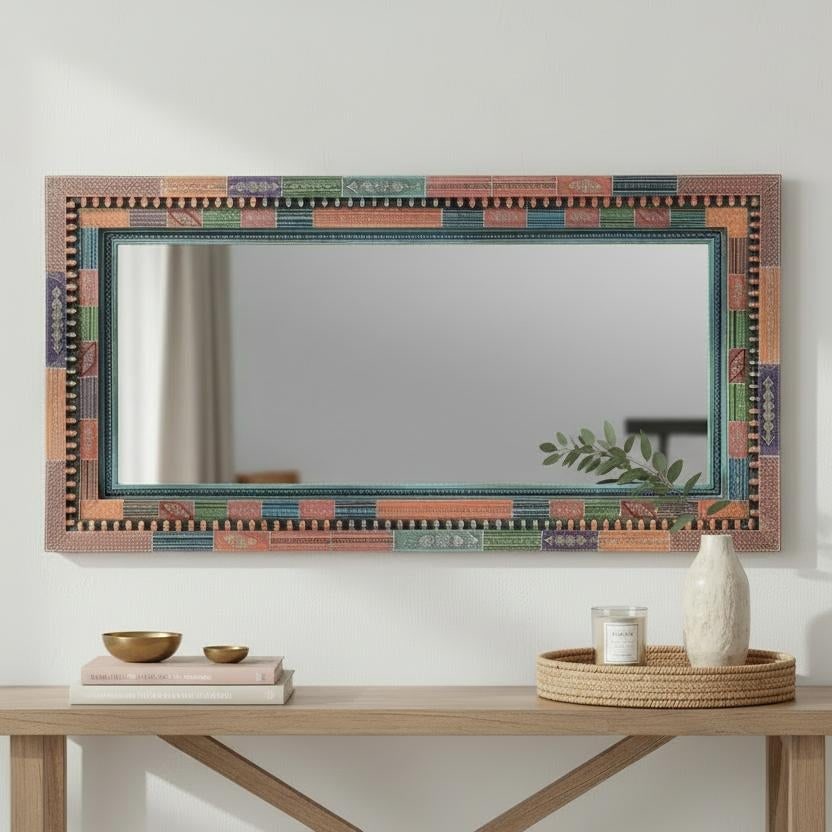 Colorful Wall Mirror 60"x36" | Hand Painted Ornate Wood Frame Mirror | Eclectic Bohemian Wall Art | - 2
