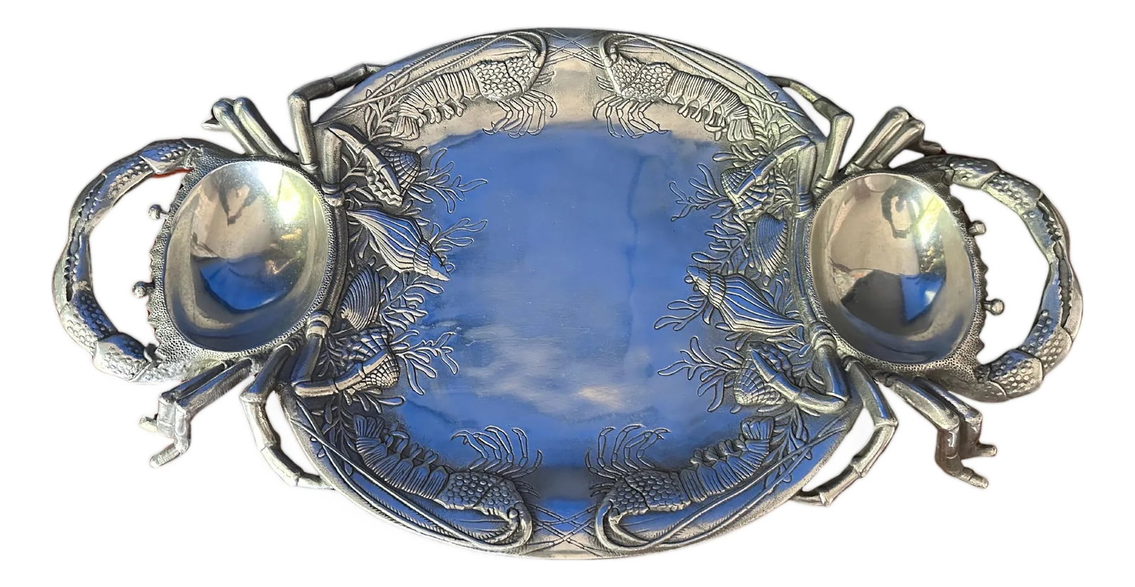 Arthur Court Aluminum Crab Seafood Serving Platter: Arthur Court cast aluminum seafood oyster serving platter with crab and lobster decorations. Condition: Alterations: Unknown Imperfections: Some Imperfections Condition Notes: Good Wear consistent wit