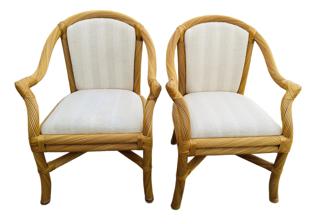 Coastal Rattan Upholstered Arm Chairs-a Pair: Vintage Twisted Rattan Coastal Arm Chairs perfect for a patio or small table for two. McGuire style. Sourced from an Estate Sale in Indian Wells 35in h x 26in w x 22.5in d 26in h arm 16in d x 18in w