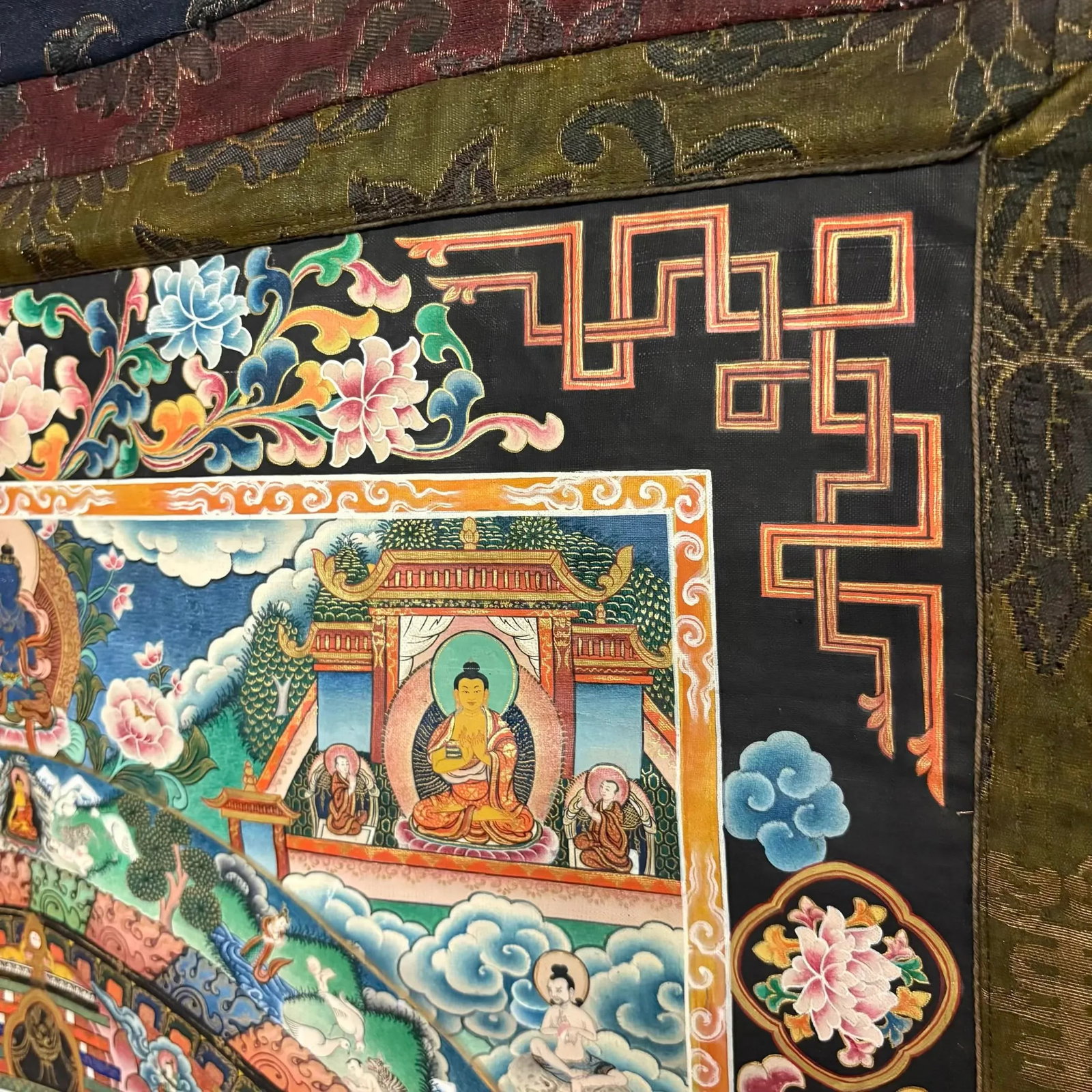 Hand-Painted Tibetan Mandala Thangka With Silk Brocade Mounting - 13