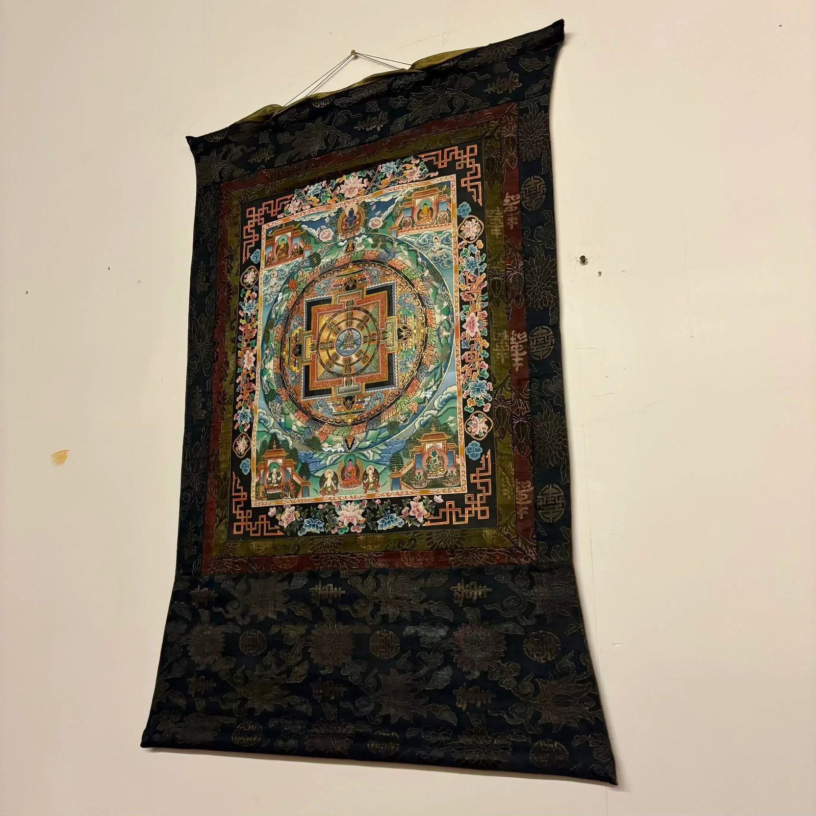 Hand-Painted Tibetan Mandala Thangka With Silk Brocade Mounting - 14
