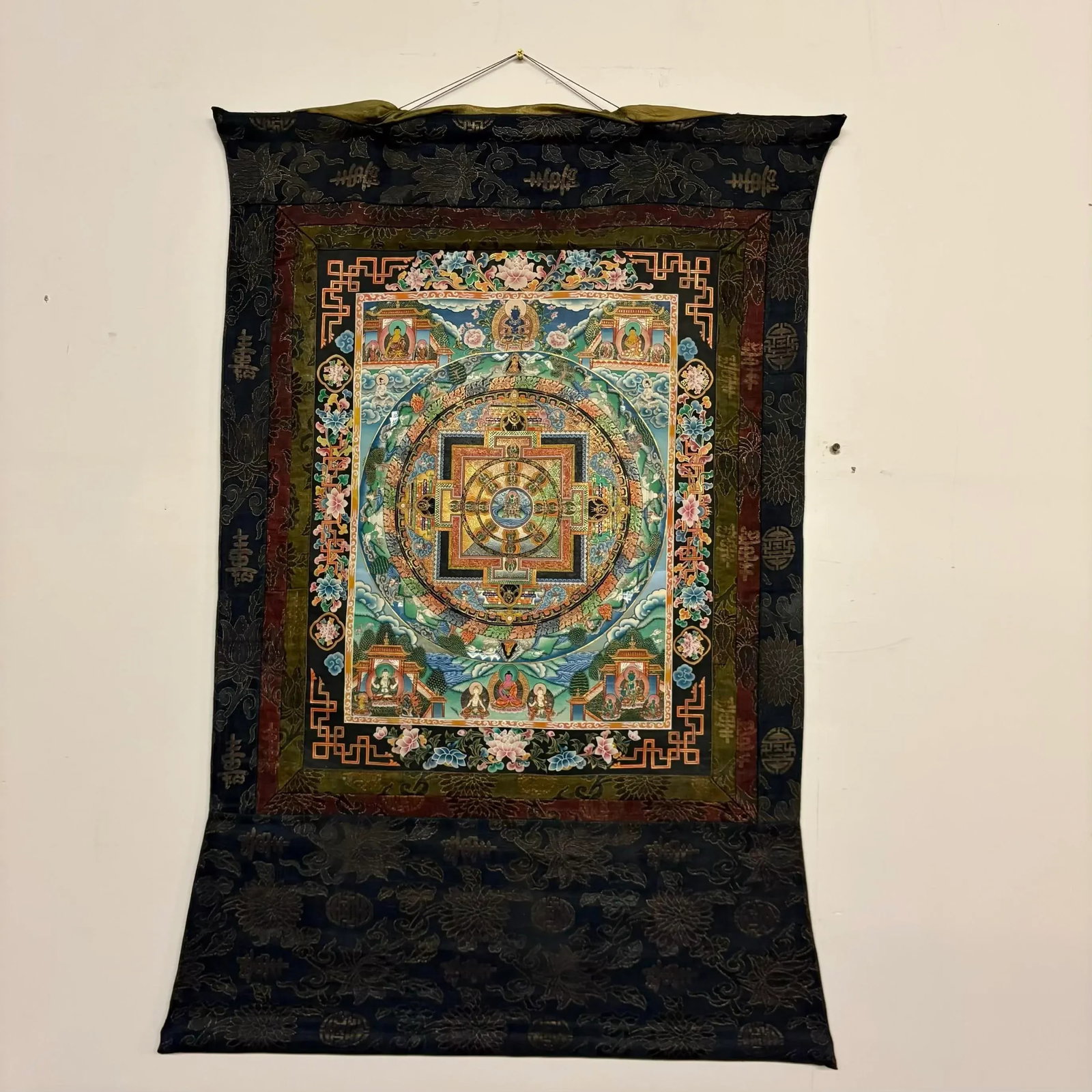 Hand-Painted Tibetan Mandala Thangka With Silk Brocade Mounting - 2
