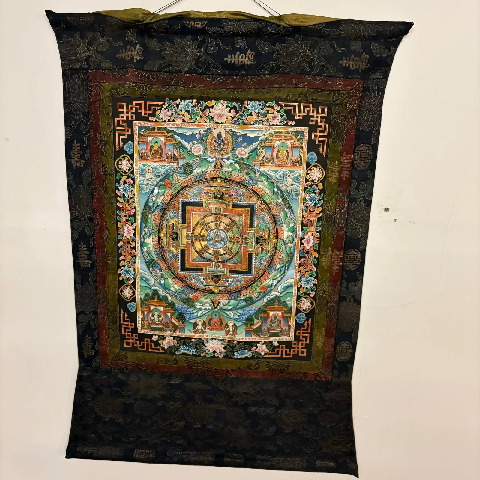 Hand-Painted Tibetan Mandala Thangka With Silk Brocade Mounting - 4