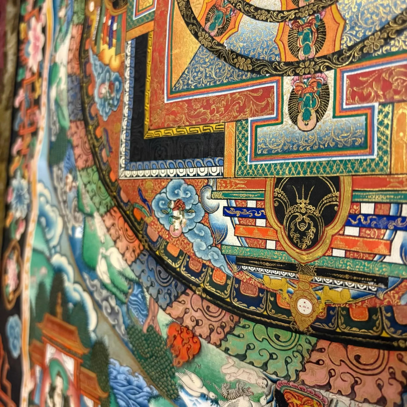 Hand-Painted Tibetan Mandala Thangka With Silk Brocade Mounting - 5