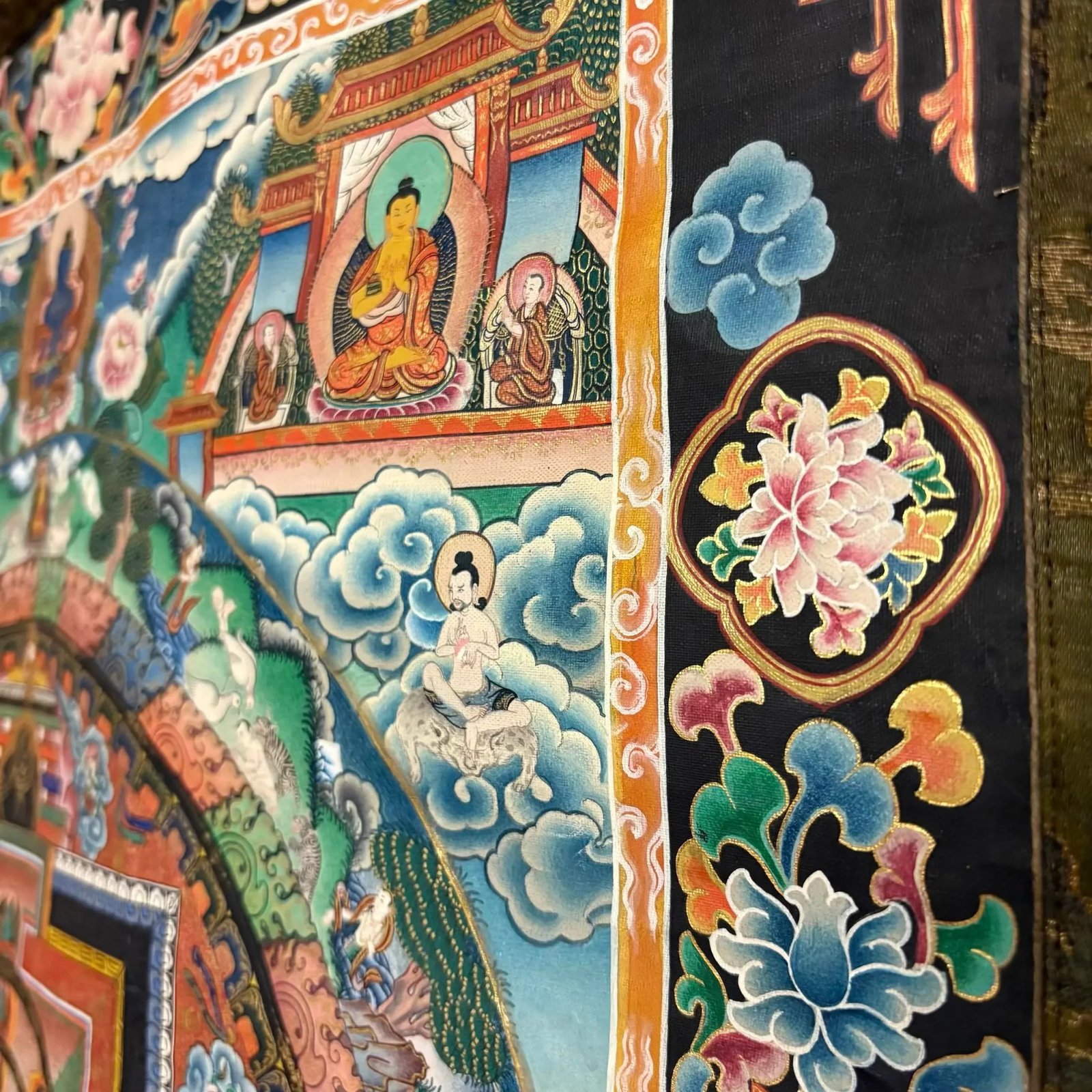 Hand-Painted Tibetan Mandala Thangka With Silk Brocade Mounting - 6