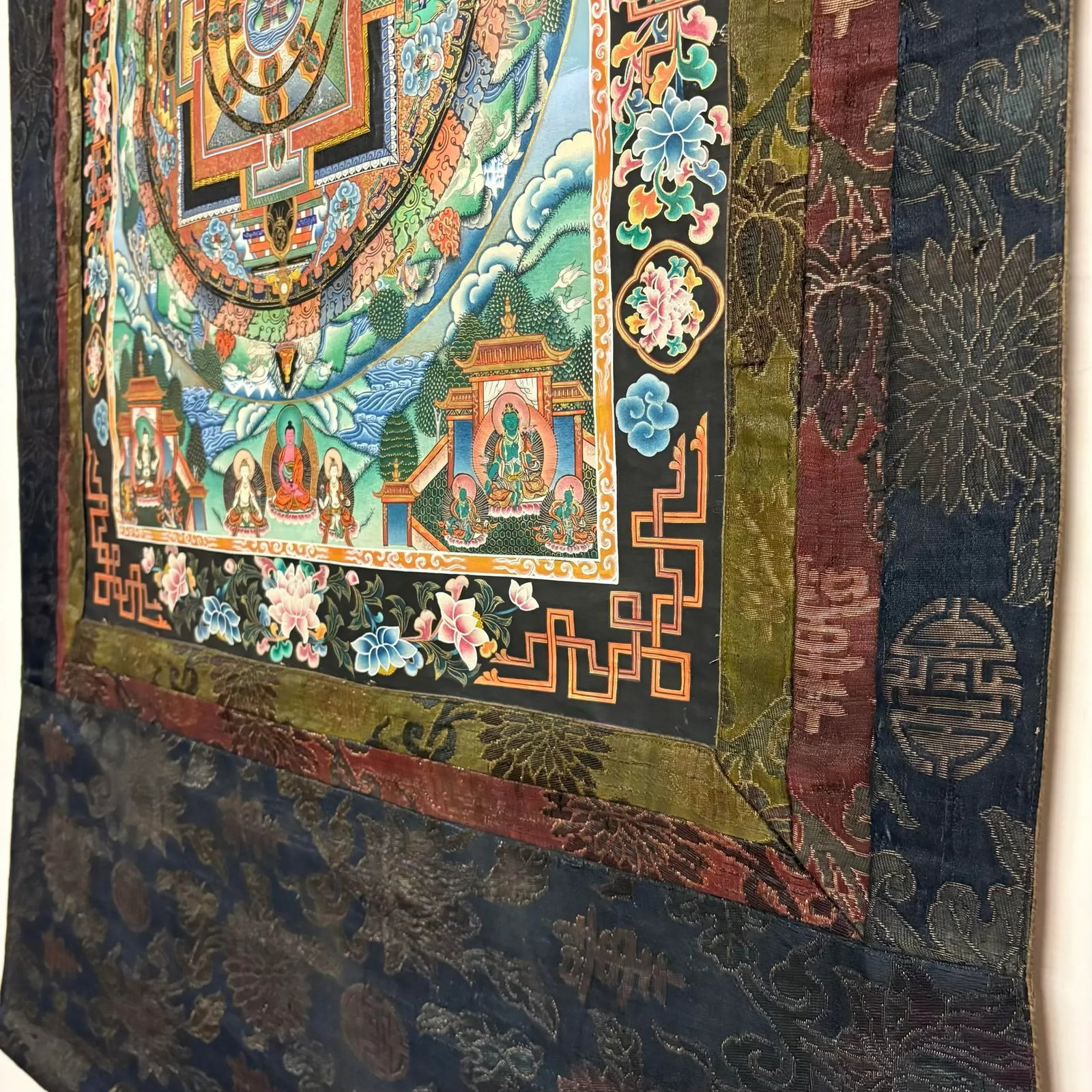 Hand-Painted Tibetan Mandala Thangka With Silk Brocade Mounting - 8