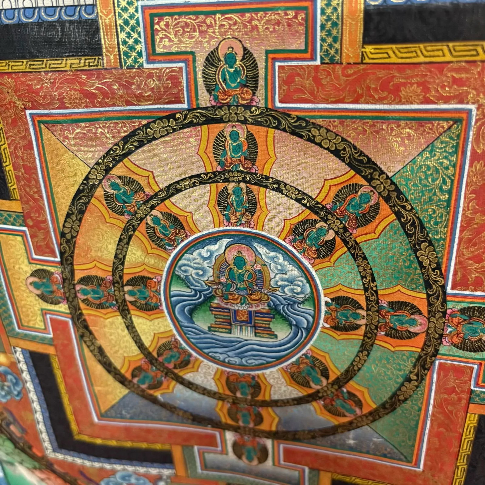 Hand-Painted Tibetan Mandala Thangka With Silk Brocade Mounting - 9
