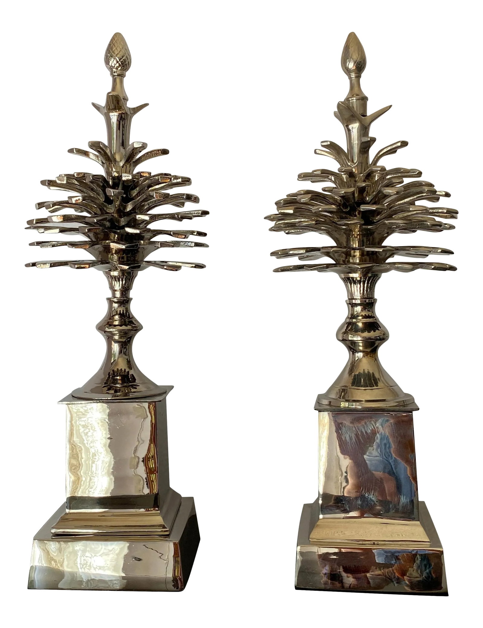 Pommes de Pin Pinecones in Nickel - a Pair: Pair of "Pommes de Pin" pinecones in nickel. We also have same pair in brass ref. number LU98506631533 Condition: Alterations: Unknown Imperfections: Some Imperfections Condition Notes: Good Wear