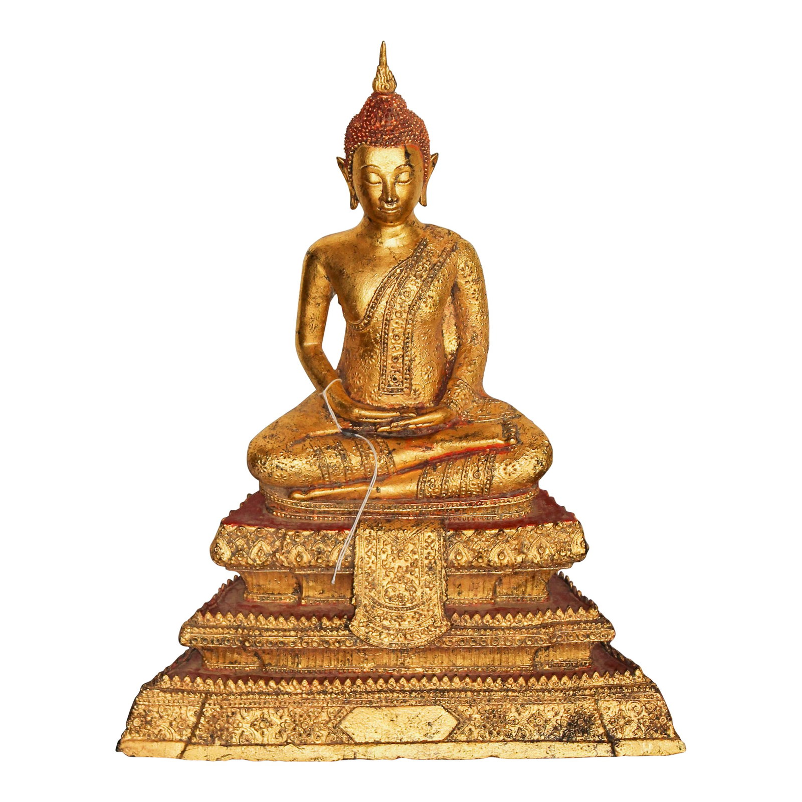 16th Century Thai Bronze Buddha: This bronze Buddha from Ayutthaya is seated on a throne with three steps and a royal peaked base, wearing royal regalia. His hands are in the dhanya mudra, associated with concentration, tranquility,