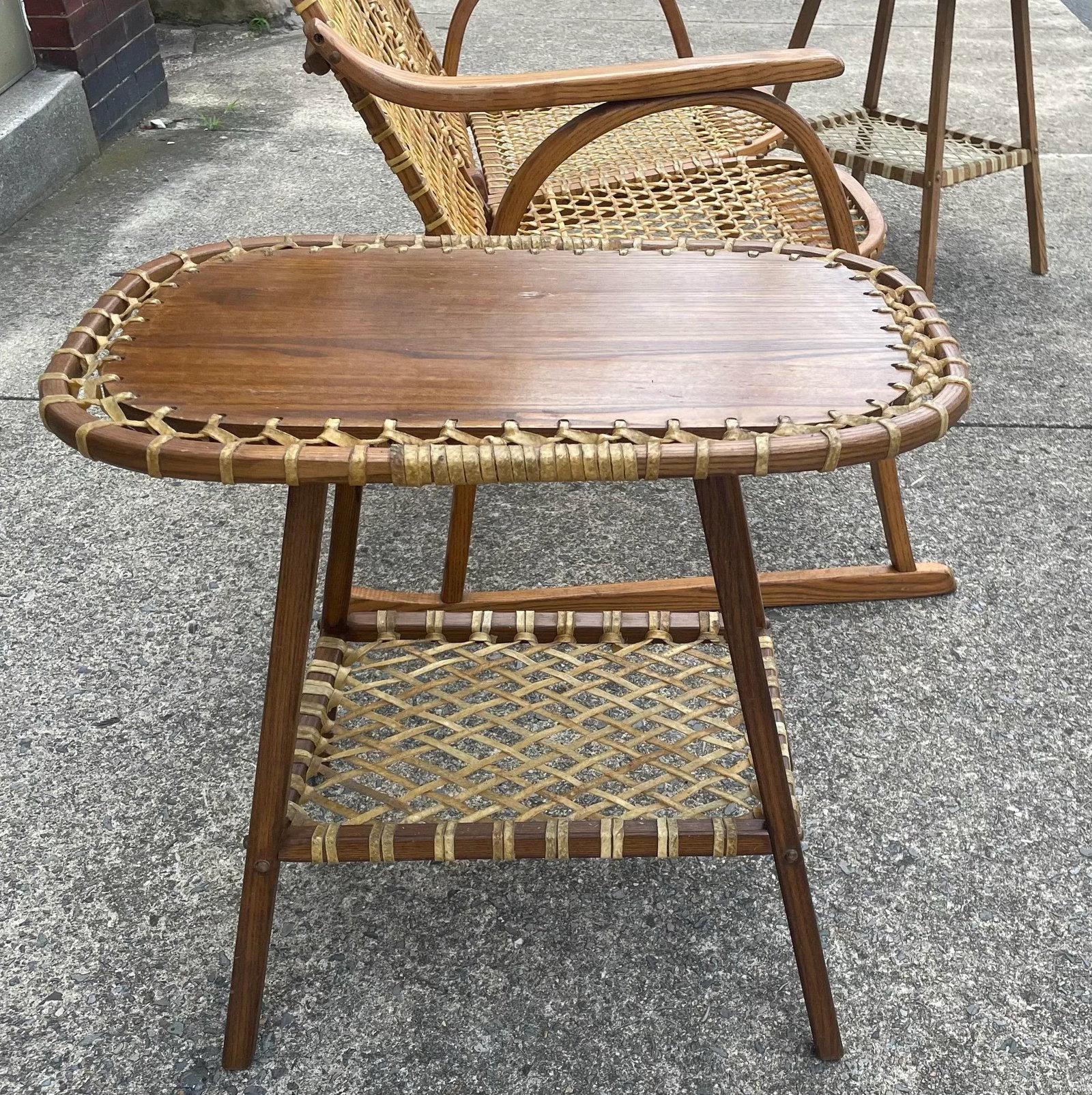 Mid 20th Century Vermont Tubbs Snowshoe Caned Double Rocker Bench Settee & Side Tables, 3 Pieces - 11