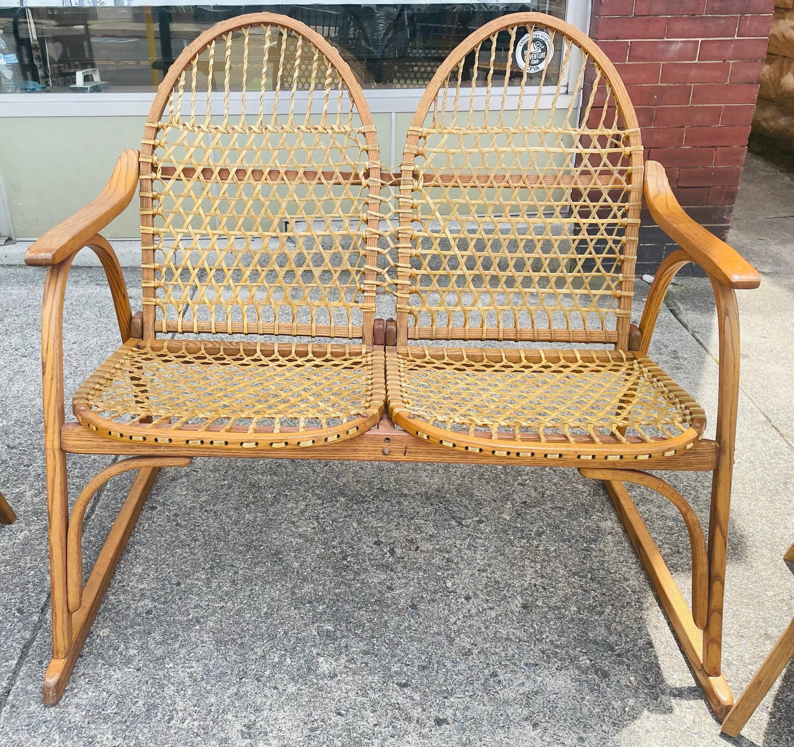 Mid 20th Century Vermont Tubbs Snowshoe Caned Double Rocker Bench Settee & Side Tables, 3 Pieces - 2