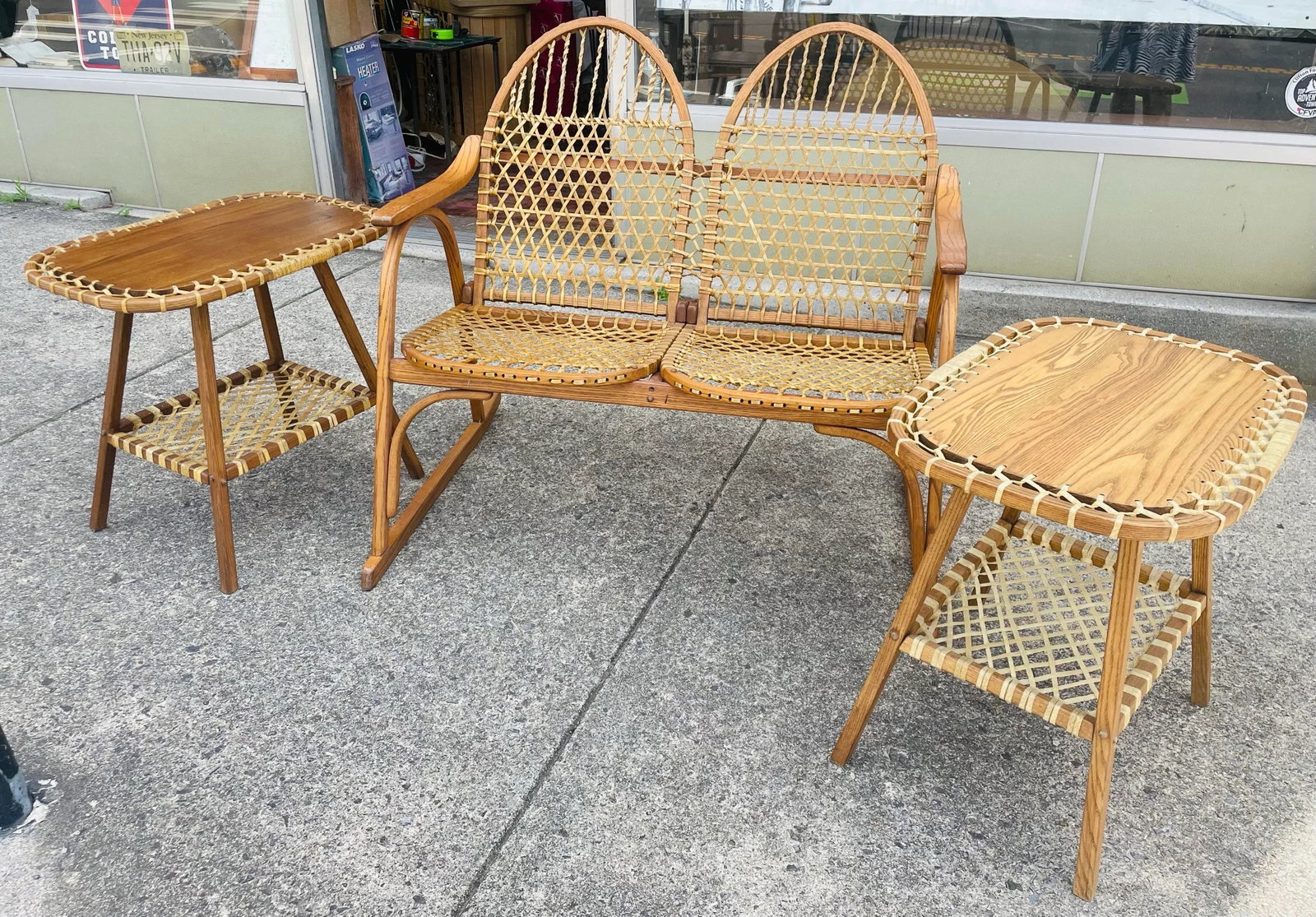 Mid 20th Century Vermont Tubbs Snowshoe Caned Double Rocker Bench Settee & Side Tables, 3 Pieces - 3