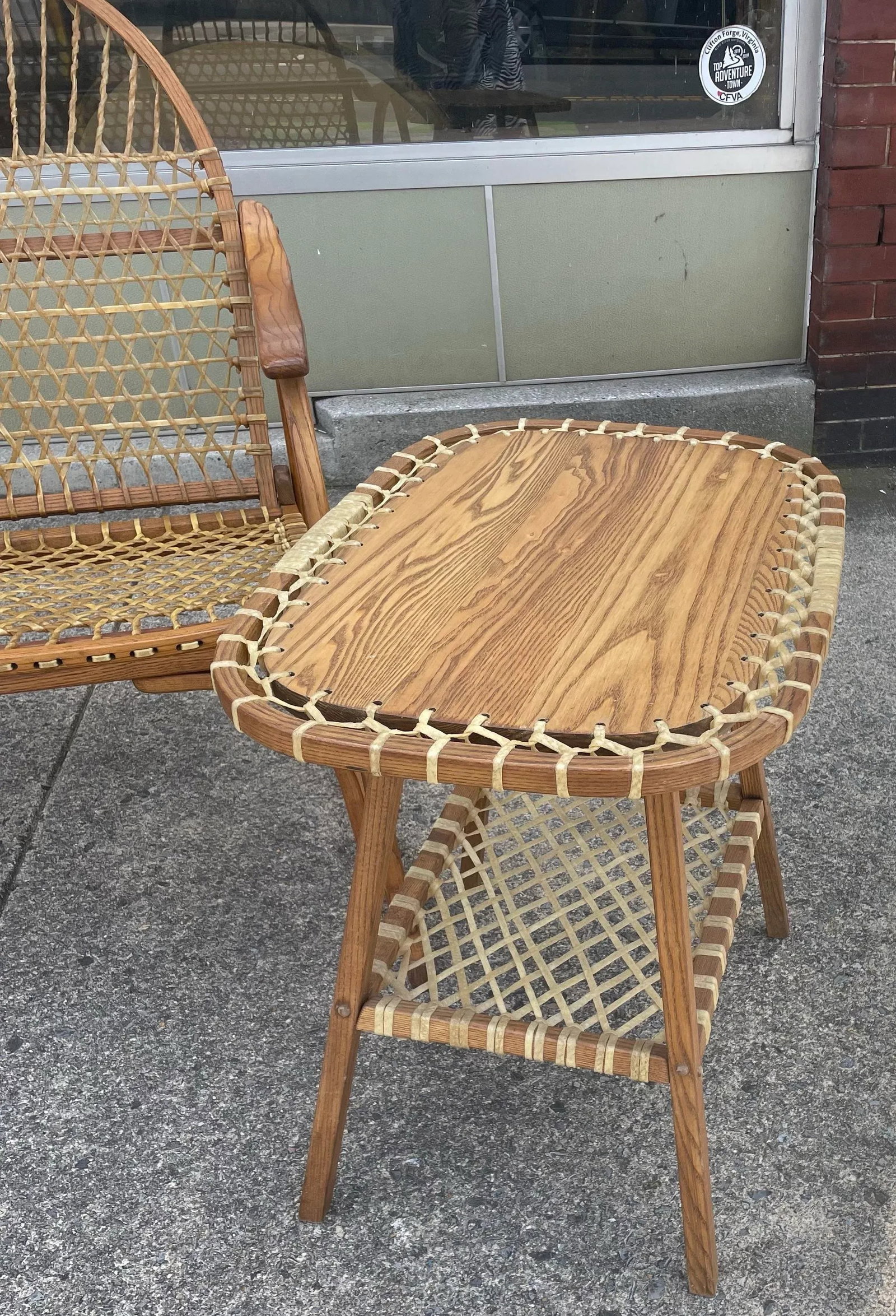 Mid 20th Century Vermont Tubbs Snowshoe Caned Double Rocker Bench Settee & Side Tables, 3 Pieces - 4