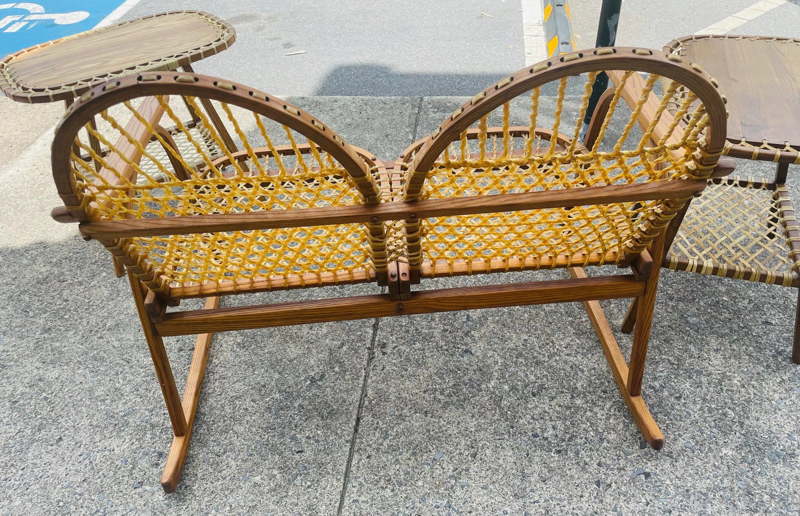 Mid 20th Century Vermont Tubbs Snowshoe Caned Double Rocker Bench Settee & Side Tables, 3 Pieces - 6