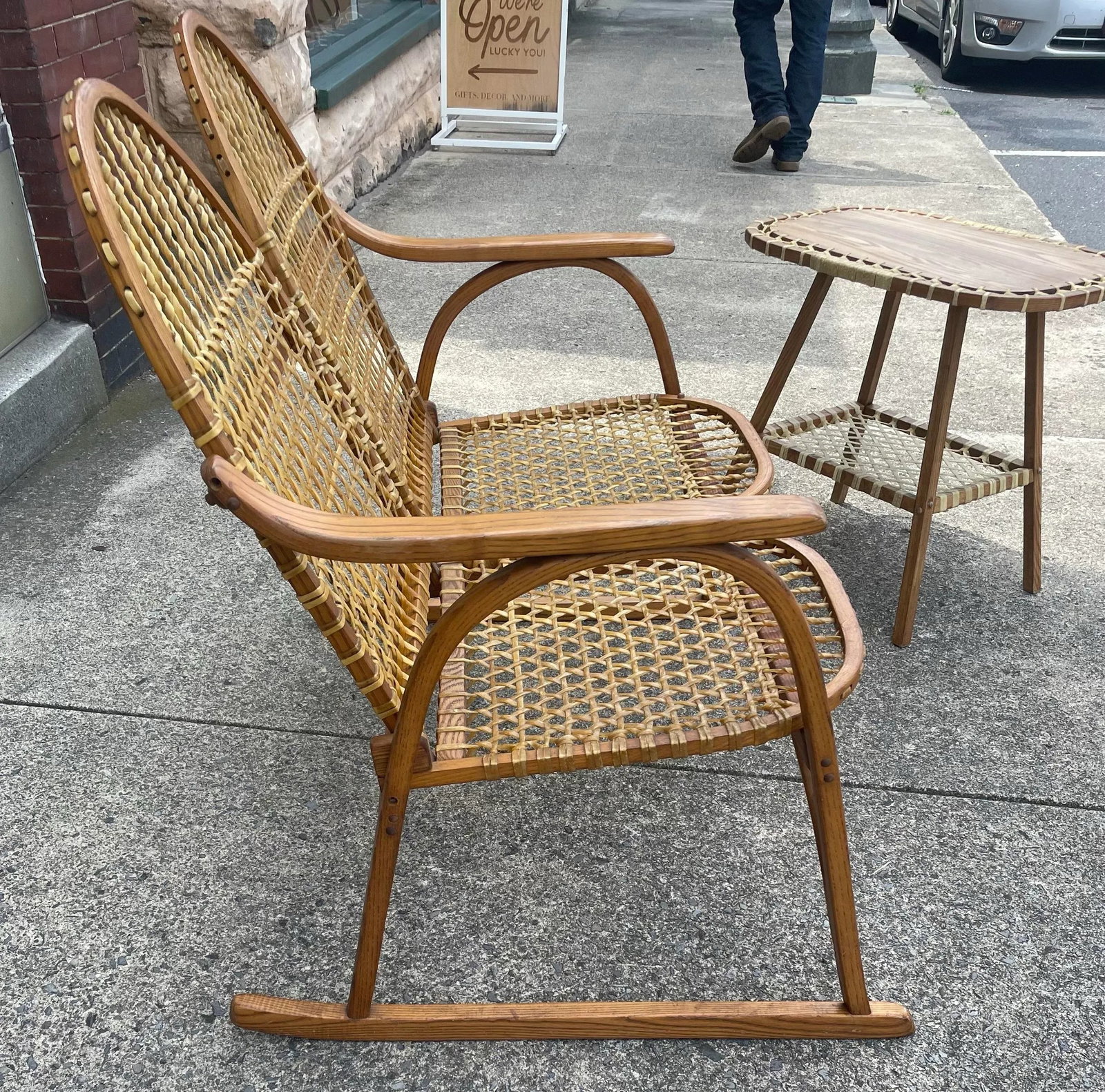 Mid 20th Century Vermont Tubbs Snowshoe Caned Double Rocker Bench Settee & Side Tables, 3 Pieces - 7