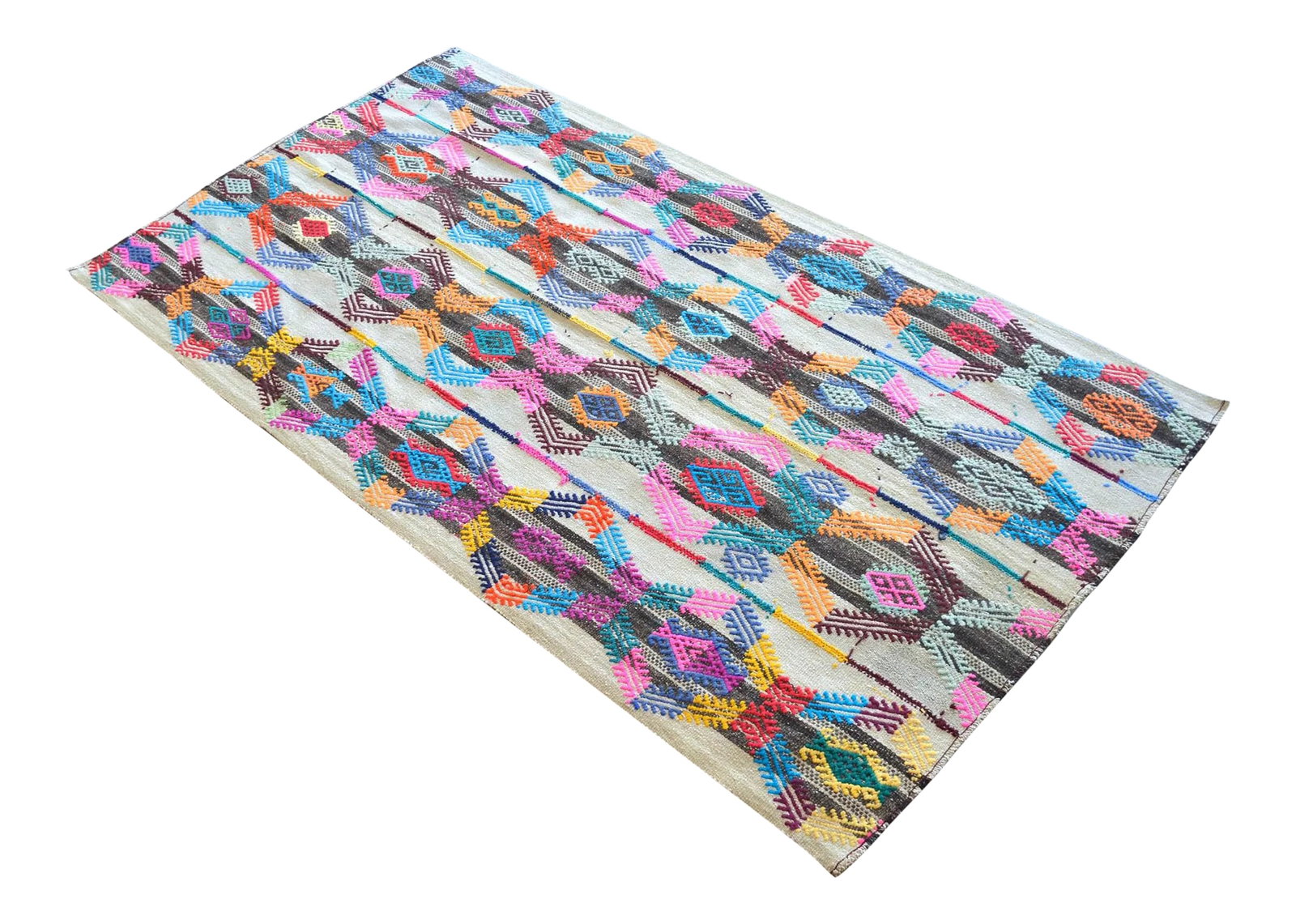 Vintage Rug Hand Woven Colorful Anatolian Kurdish Kilim Rug - 4'6" X 8'2": Vintage Turkish handmade Kilim rug made of wool and syntethic yarn. Size: 54" x 98" rug is not perfectly rectangular. Newly washed ready to use. origin: anatolian kurdish age: 50-60 years old All