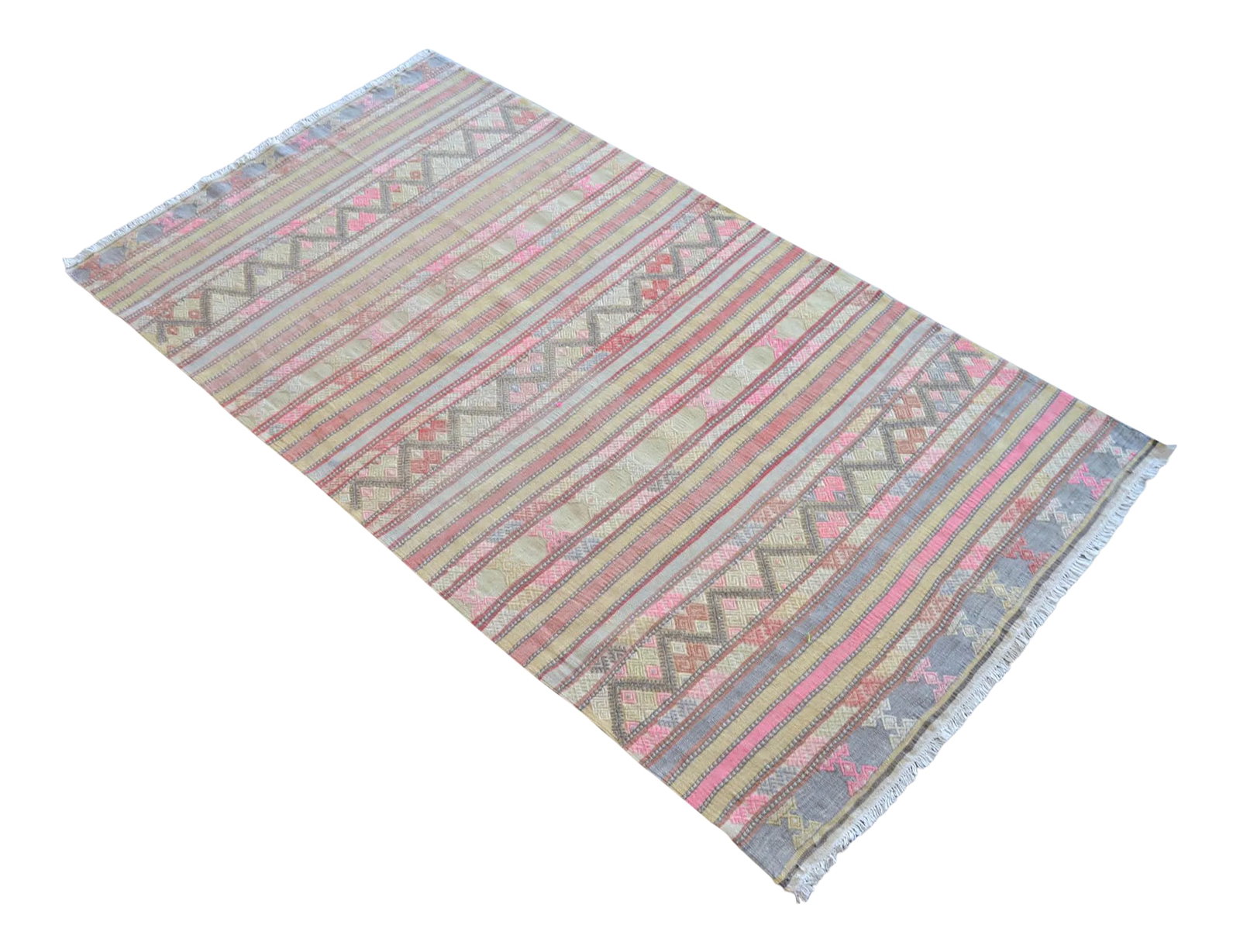 Vintage Anatolian Braided Rug Hand Woven Soft Colors Small Rug - 3'3" X 6'5": Vintage Turkish Handmade Kilim Rug - A wool on cotton, Turkish Kilim rug that is in used condition. Size: 39.4" x 76.8" Material: wool on cotton Rug is not perfectly rectangular. Newly washed ready