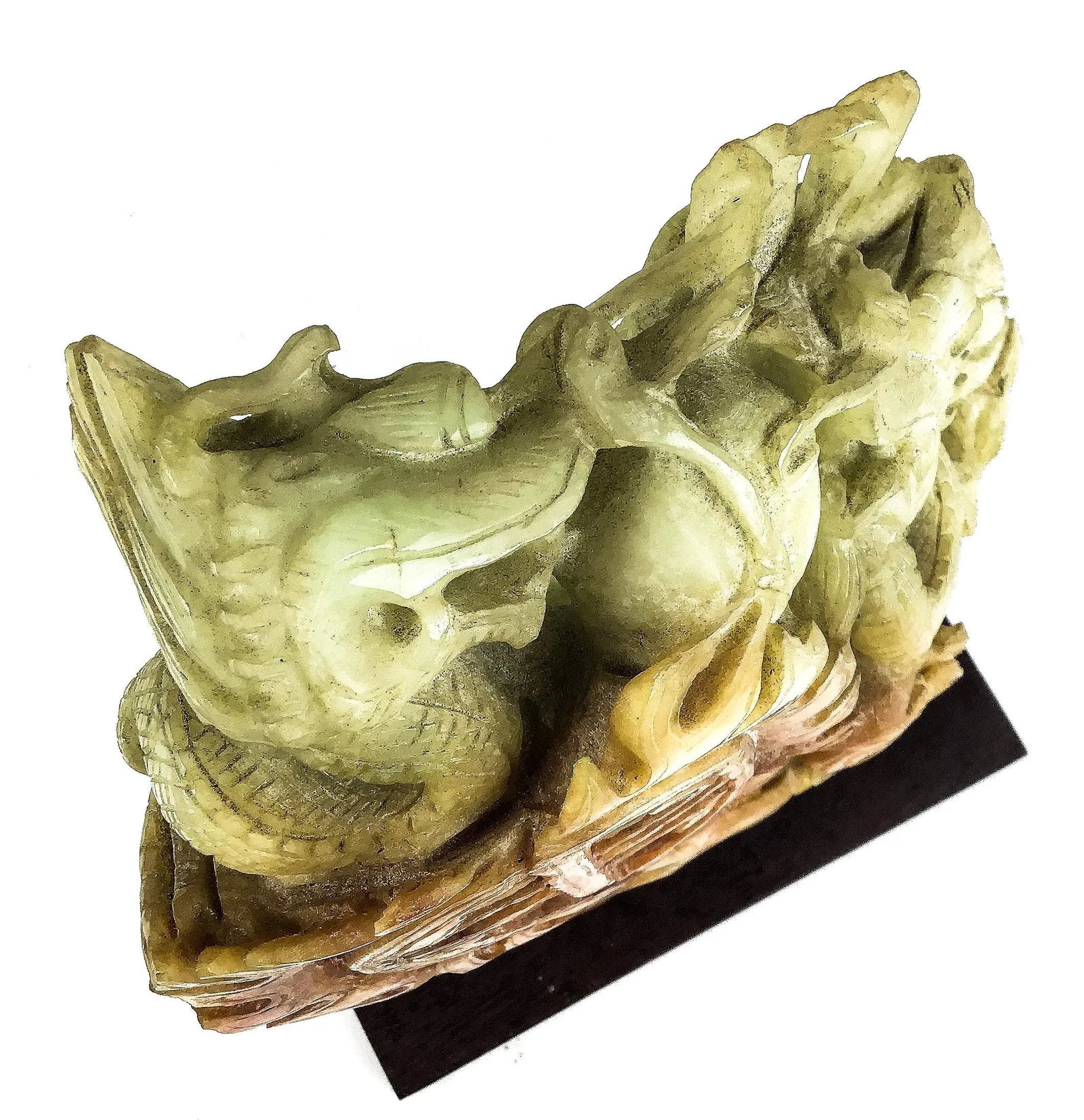 Chinese Celadon & Russet Jade Boulder Carved With 2 Dragons - 11